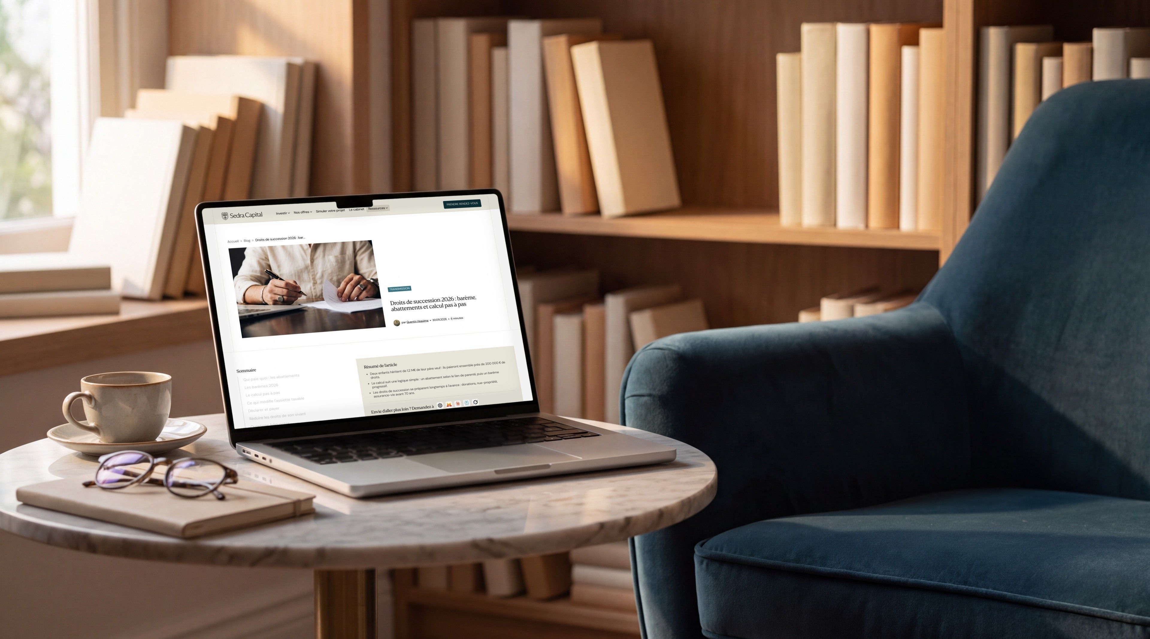 MacBook Pro open on the Sedra Capital article “Inheritance tax 2026: rates, allowances and step-by-step calculation”