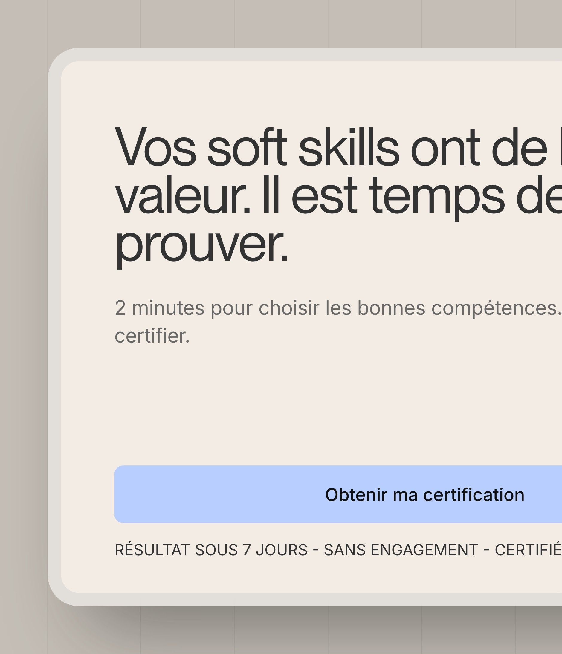 Call-to-action block “Your soft skills have value. It's time to prove it.” with the pricing card