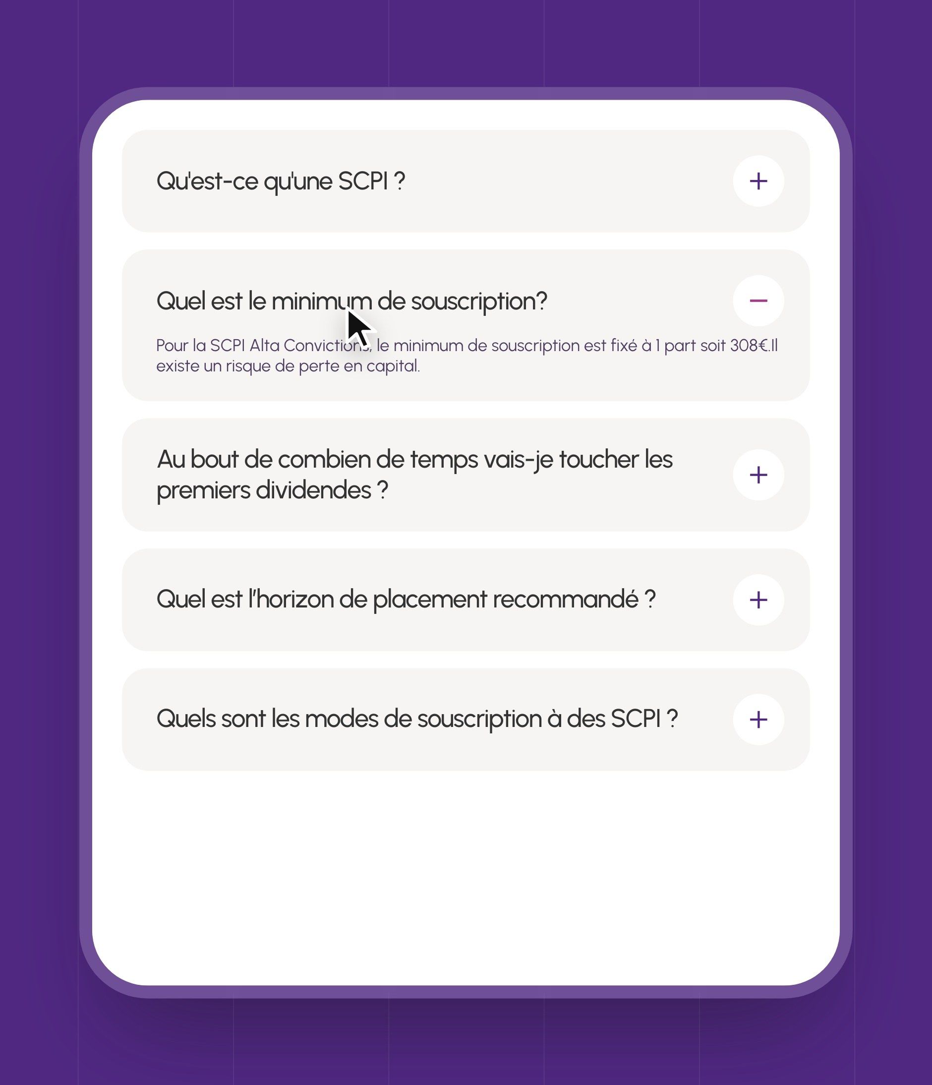 The page's FAQ accordion: “What is an SCPI?”, fees, risks, information, minimum subscription