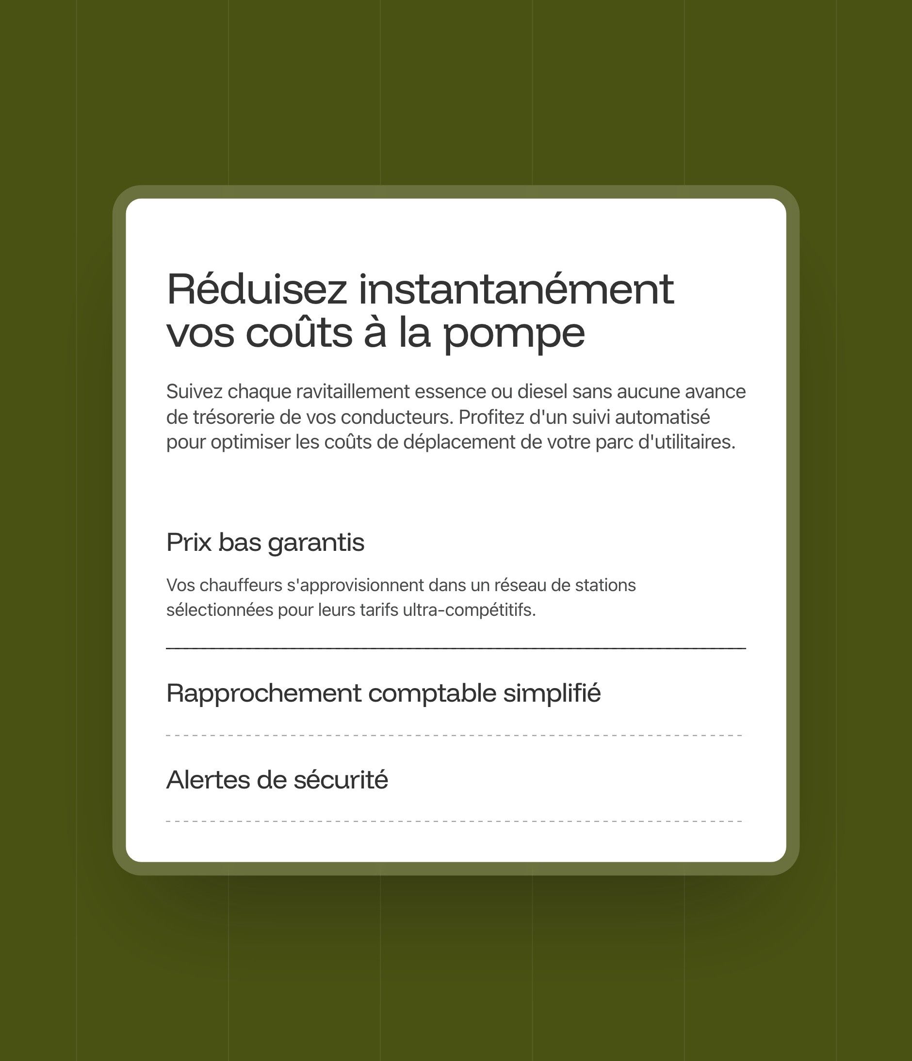 Product block “Instantly cut your costs at the pump”: guaranteed low prices, accounting reconciliation, alerts