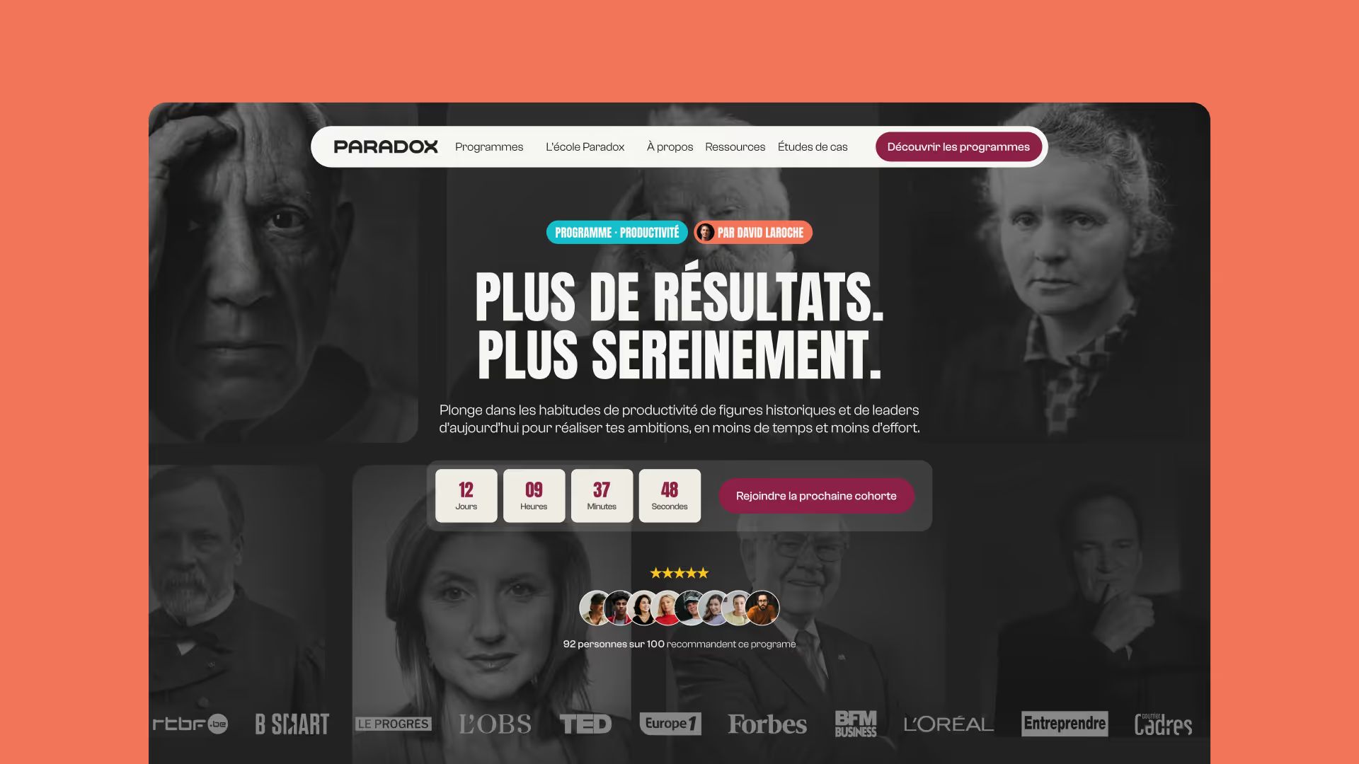 Paradox sales page: “More results. More serenely.” headline, countdown timer and black-and-white portraits