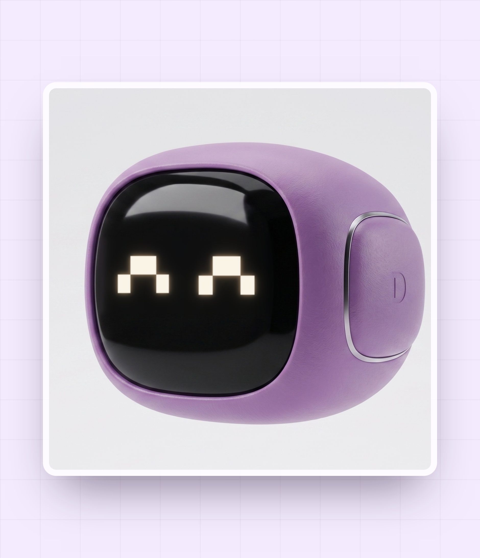 The Deemply mascot, a purple robot with pixel eyes