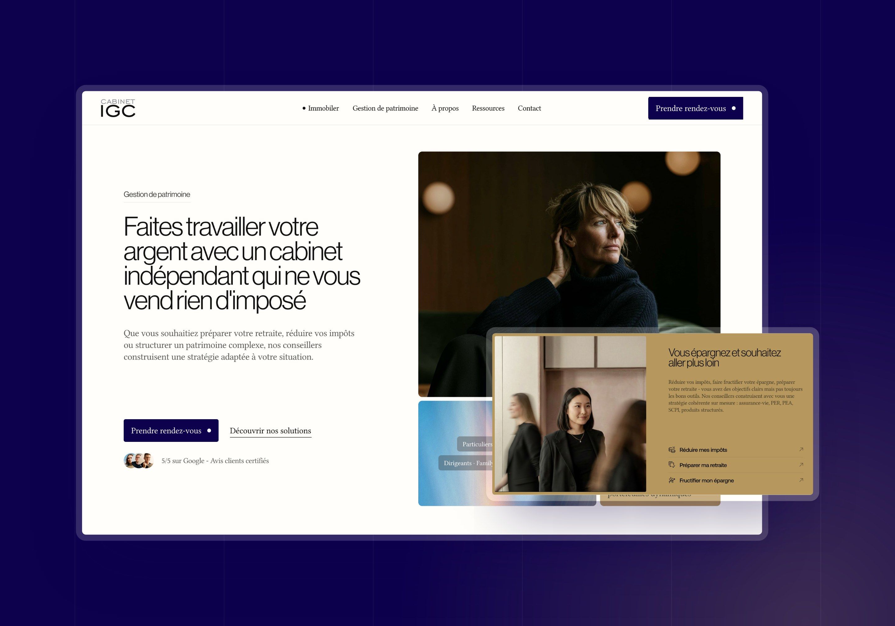 Direction 1.3, Midnight blue and gold: wealth management home page and the savers card on a flat gold background