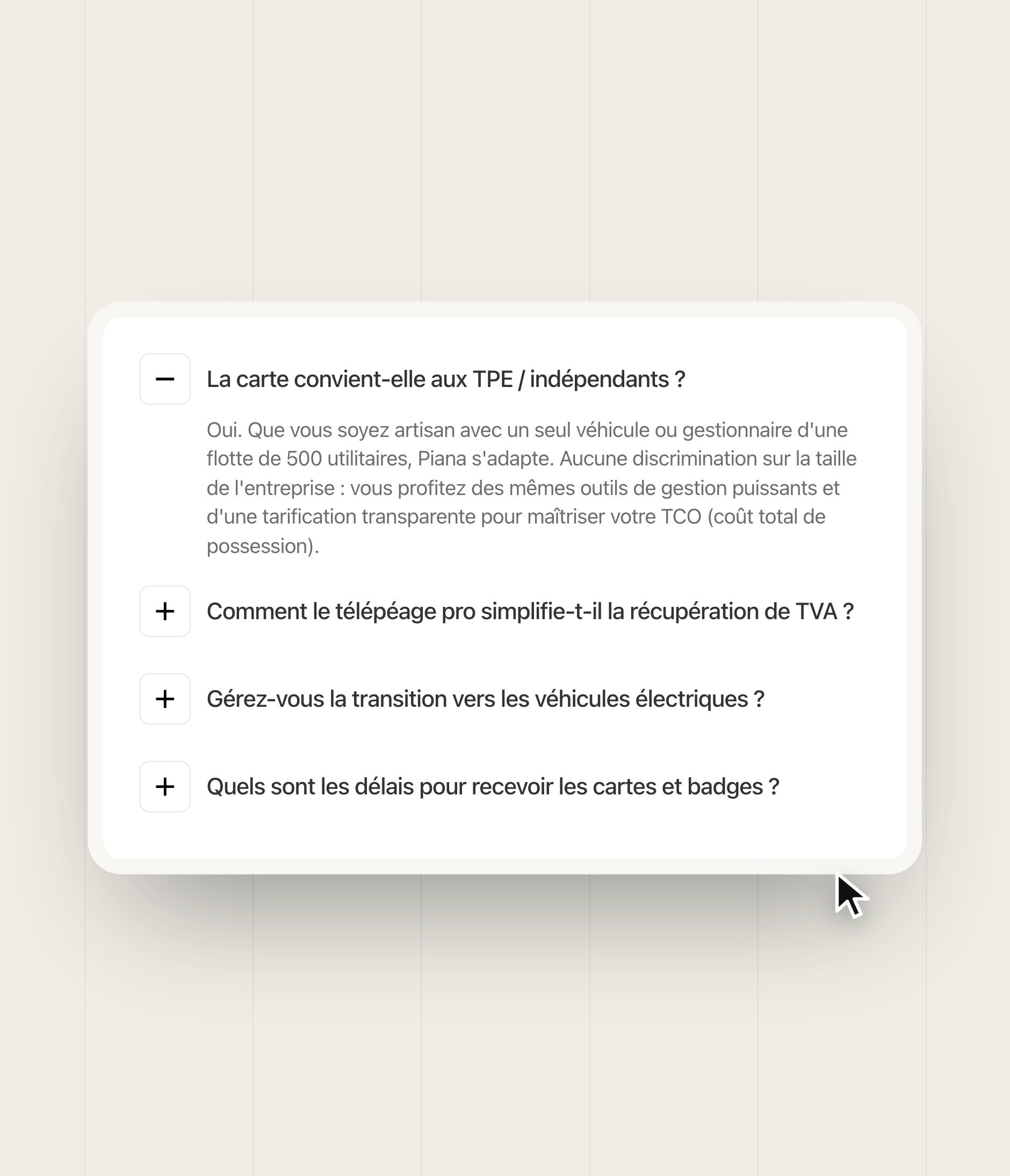 Piana FAQ accordion: small businesses and sole traders, tolls, electric vehicles, lead times