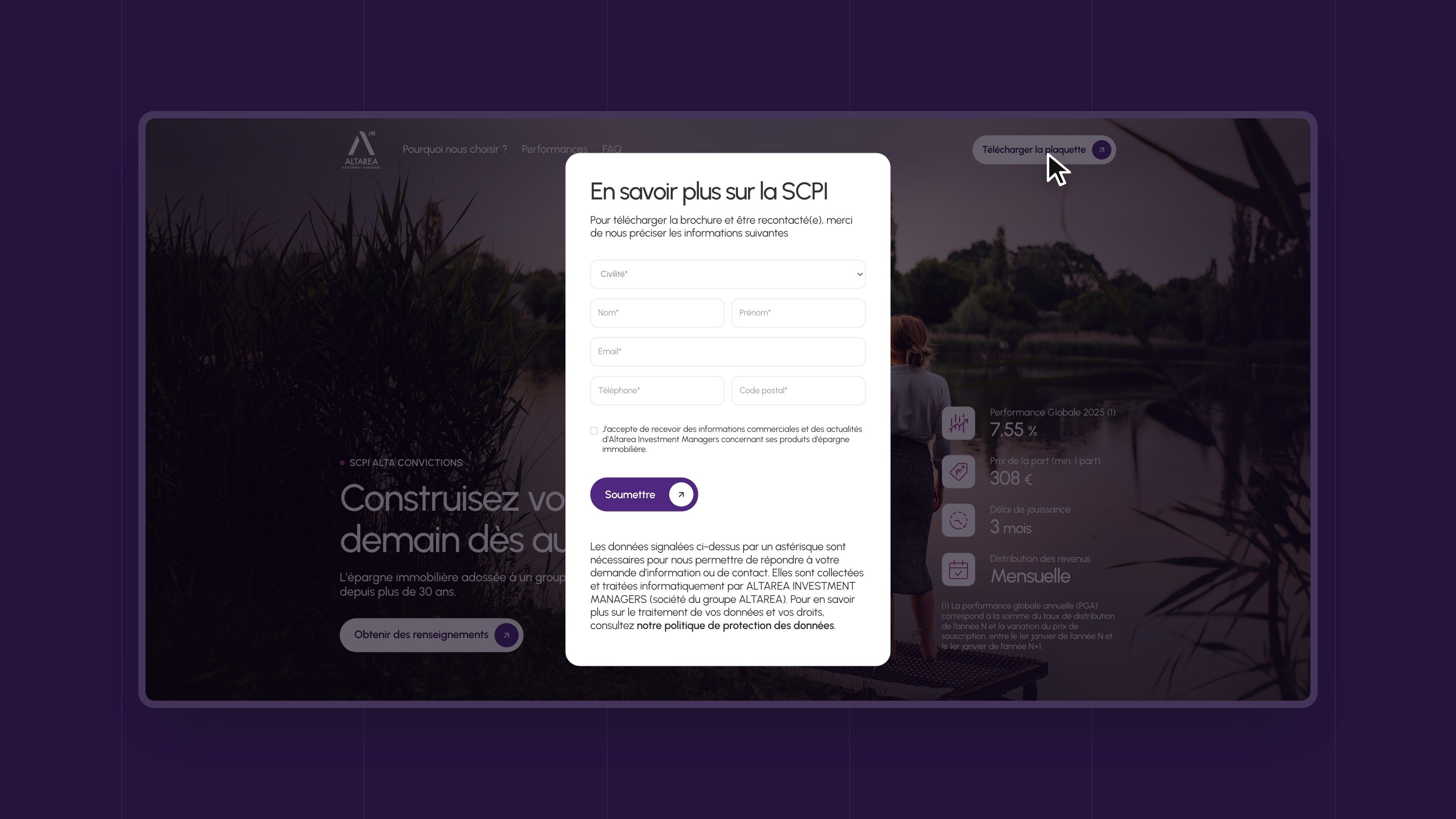 Click on “Download the brochure”: the “Learn more about the SCPI” window opens over the hero