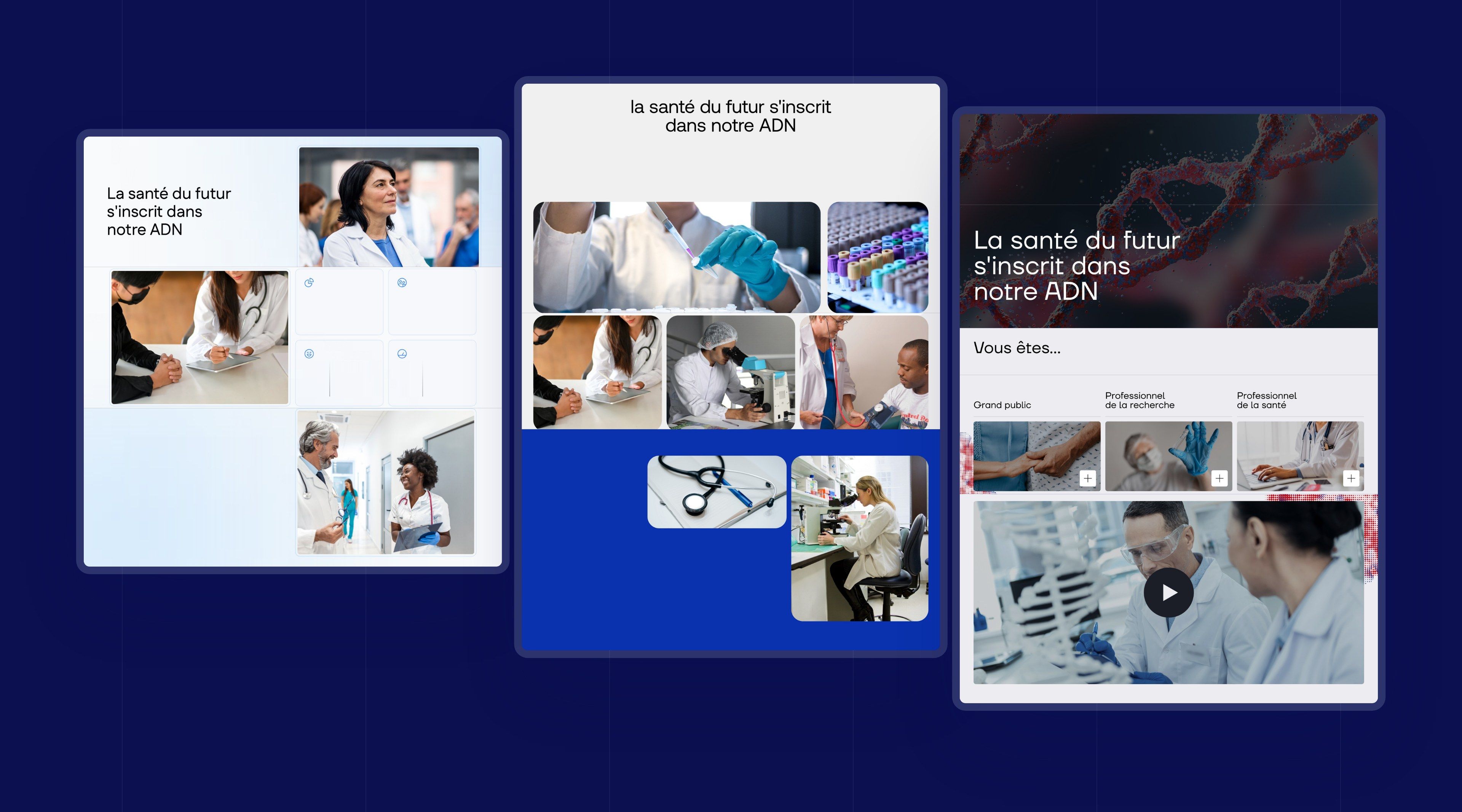 The three home page directions explored for the CAD, side by side on a midnight blue background