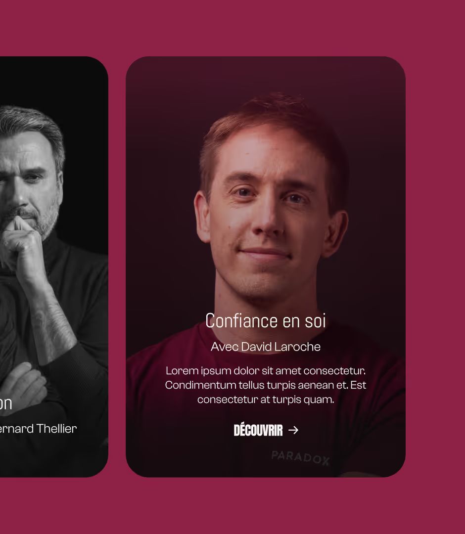 Paradox masterclass cards: David Laroche portrait, "Confiance en soi" title, Découvrir button, burgundy background