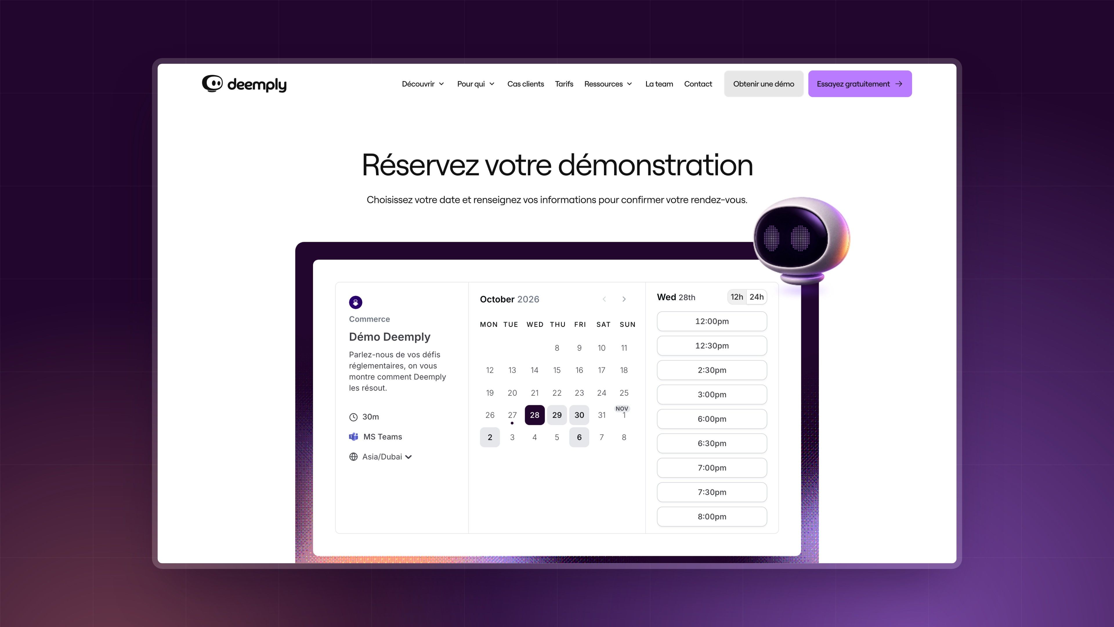 Deemply's “Book your demo” page with the embedded calendar