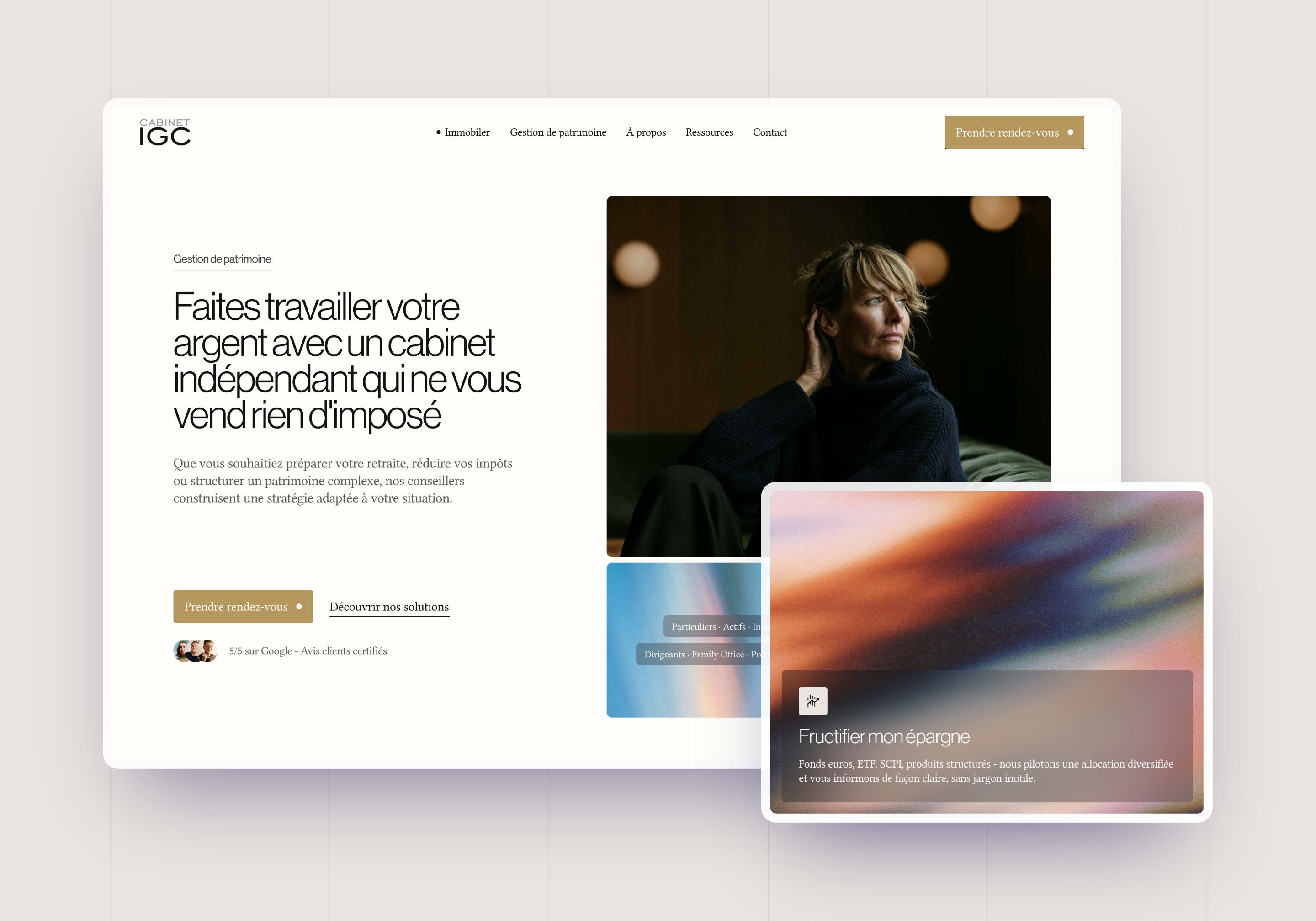 Direction 1.2, Gold: wealth management home page with gold buttons and the “Grow my savings” gradient card