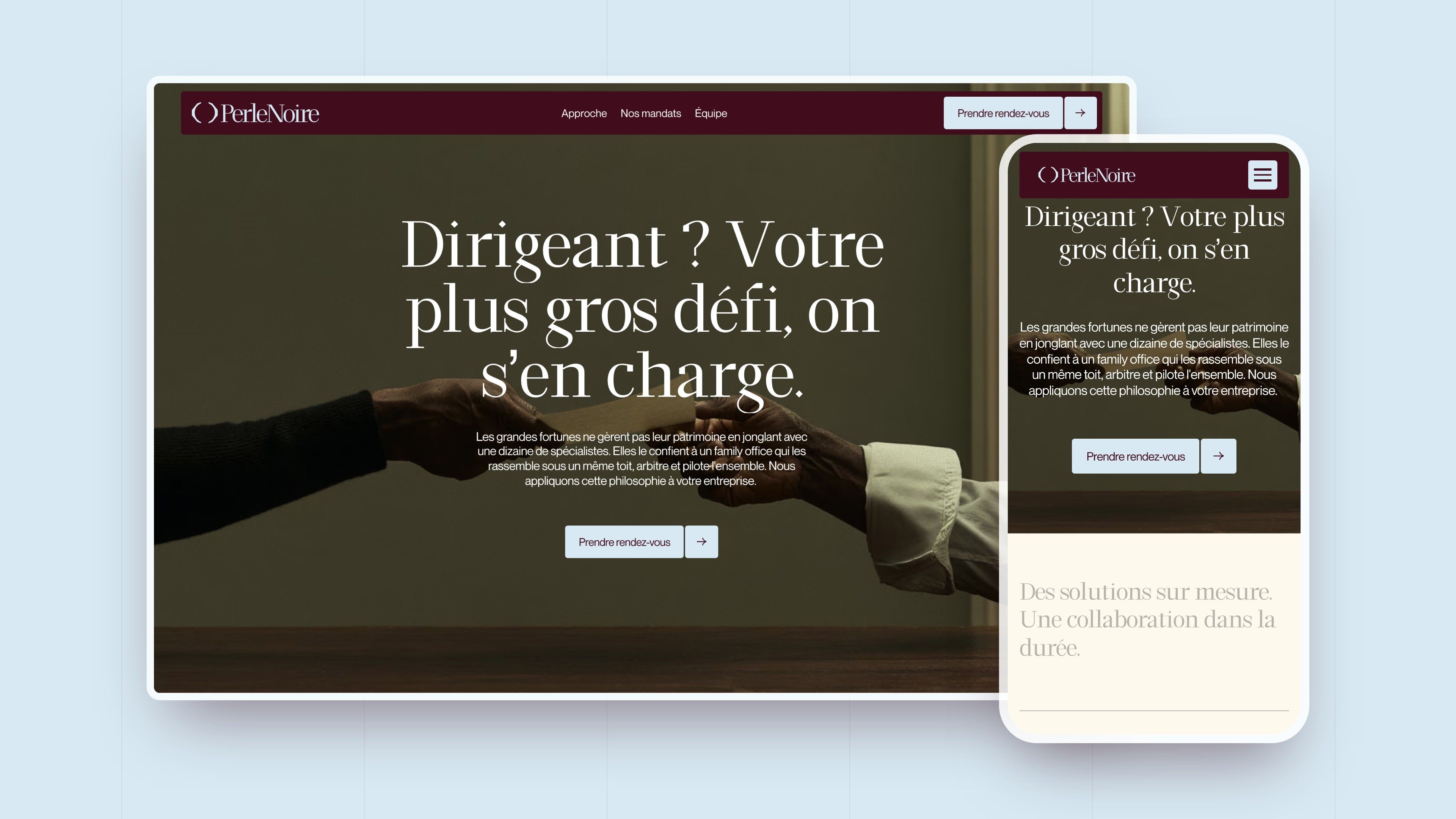 Perle Noire home page on desktop and mobile, on a light blue background