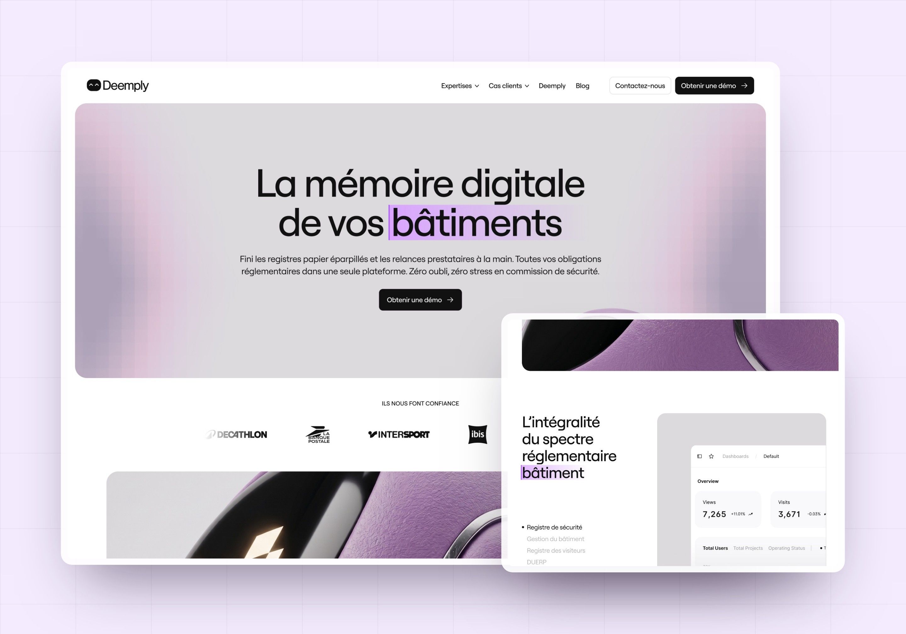 Direction 1, The mascot: lilac hero with the Deemply robot and the regulatory modules section