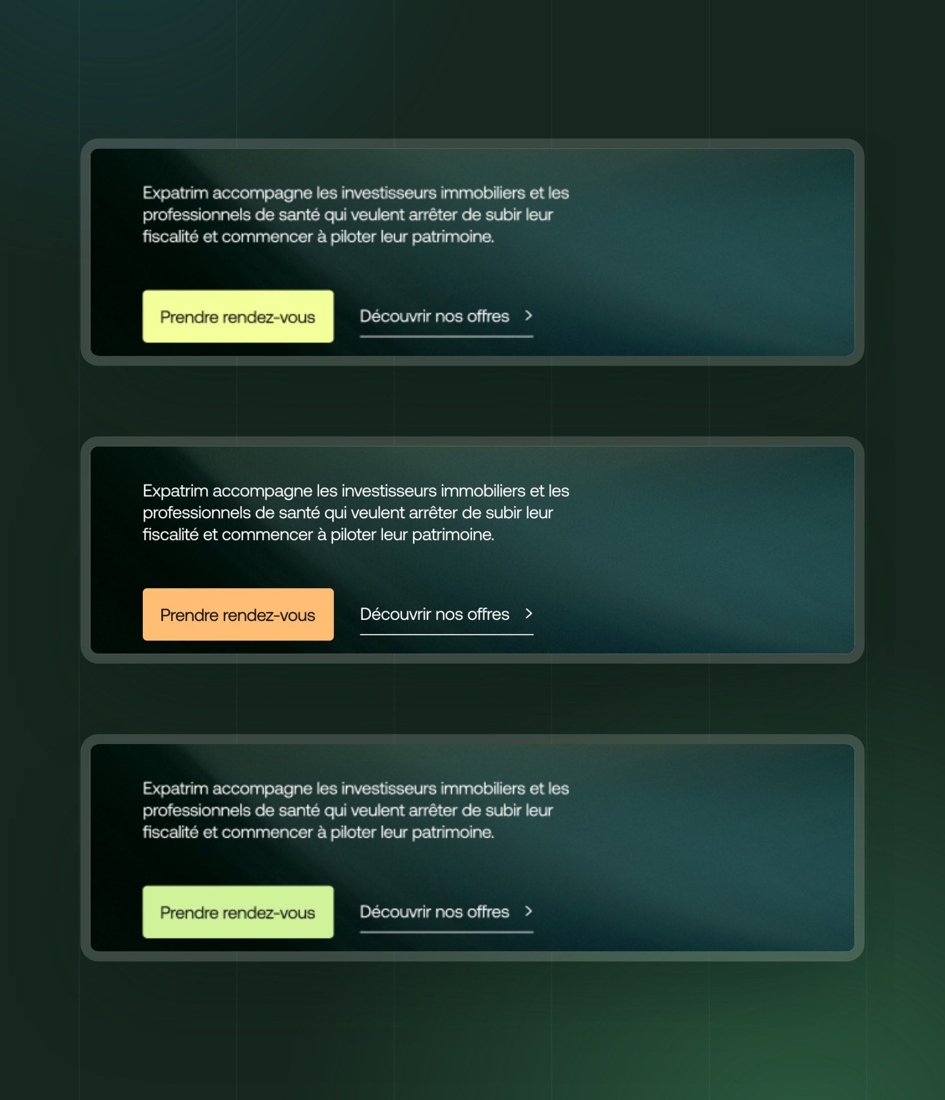 The three action colours tested on direction 1.2: lime, orange and soft green
