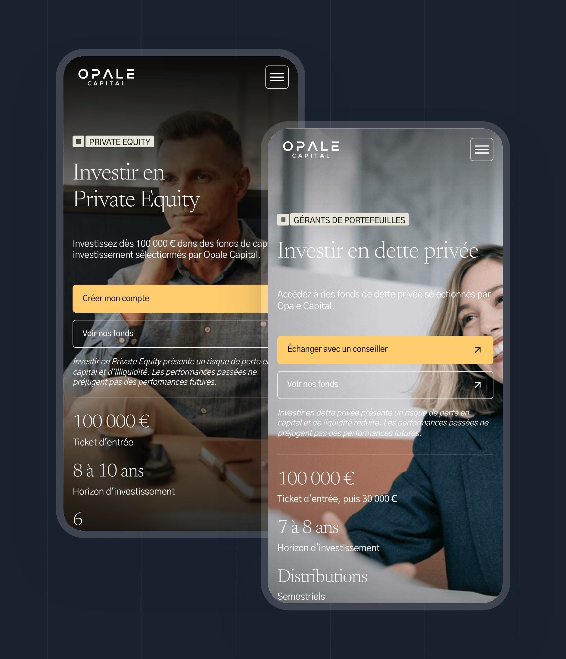 Investing in Private Equity and Investing in private debt pages on mobile