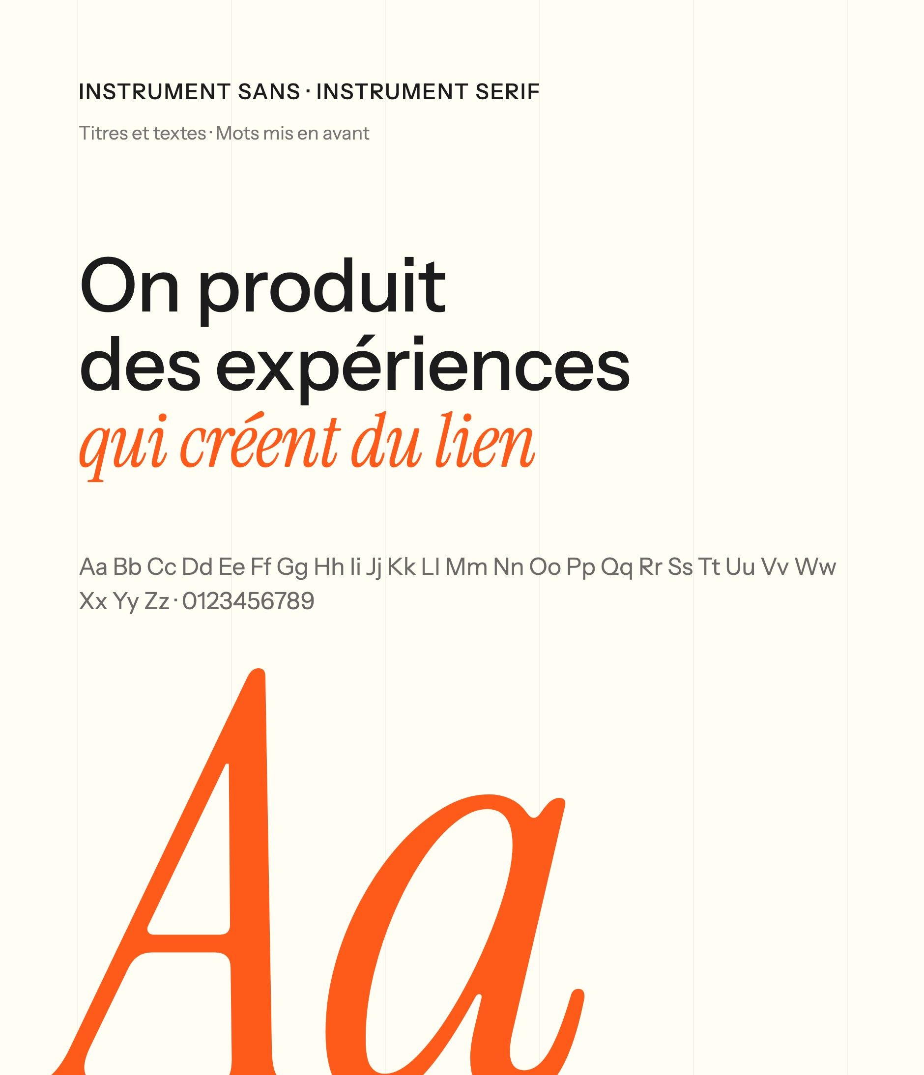 Typography: Instrument Sans for headings and text, Instrument Serif italic for highlighted words