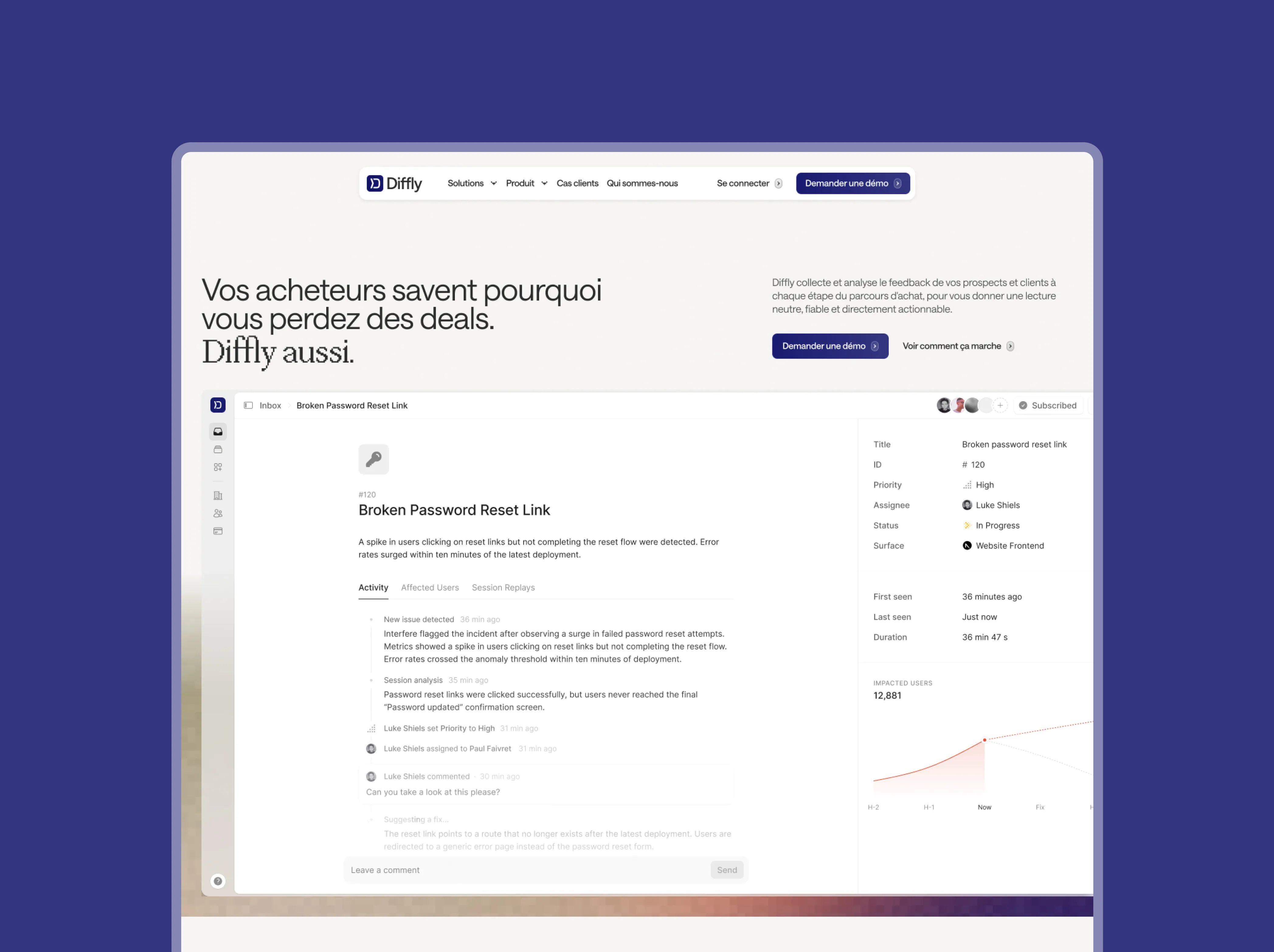 Diffly homepage mockup: headline “Your buyers know why you lose deals” above a product screenshot