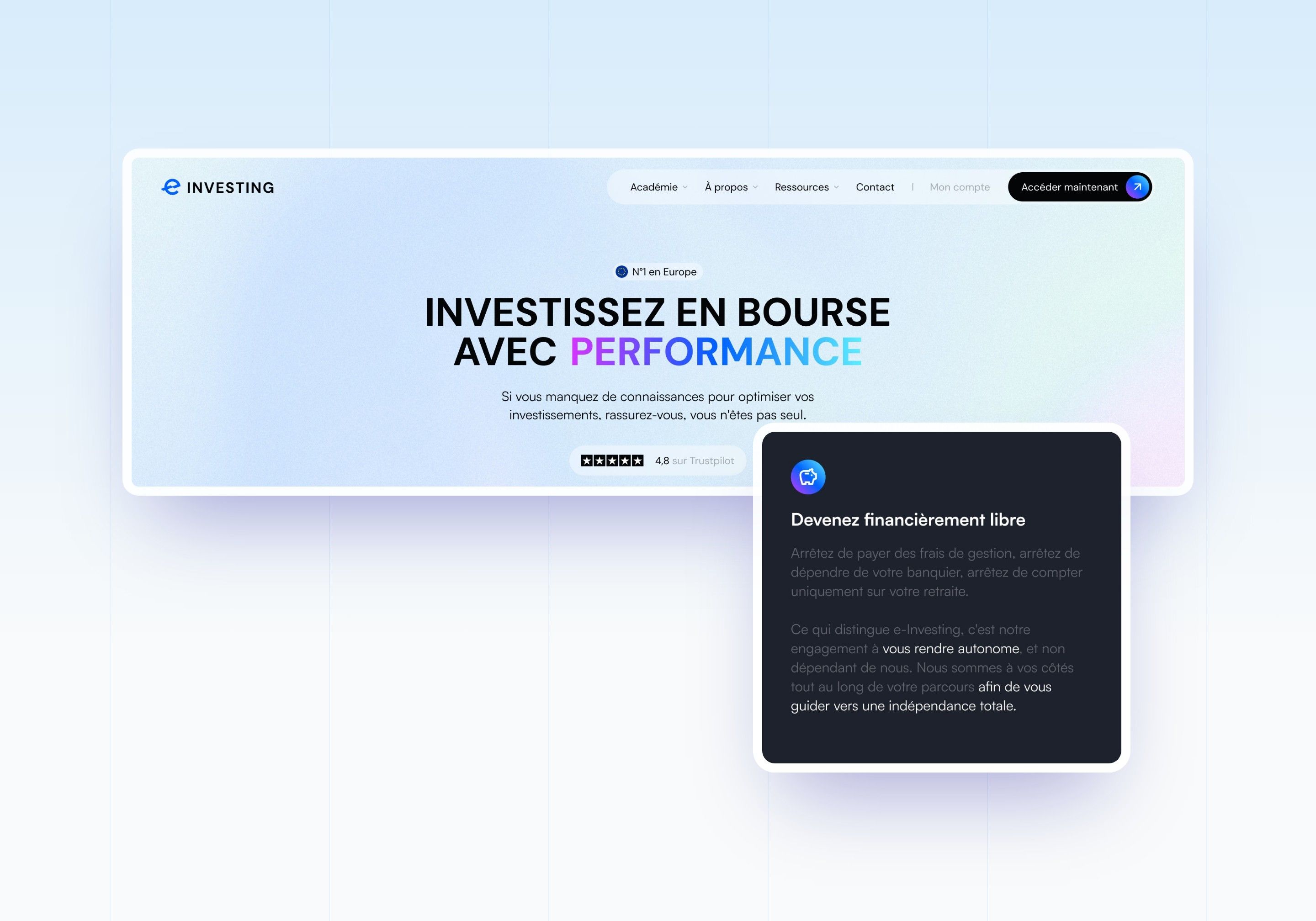 Direction 1, The manifesto: all-caps headline on a pastel background and a “Become financially free” card on a dark background