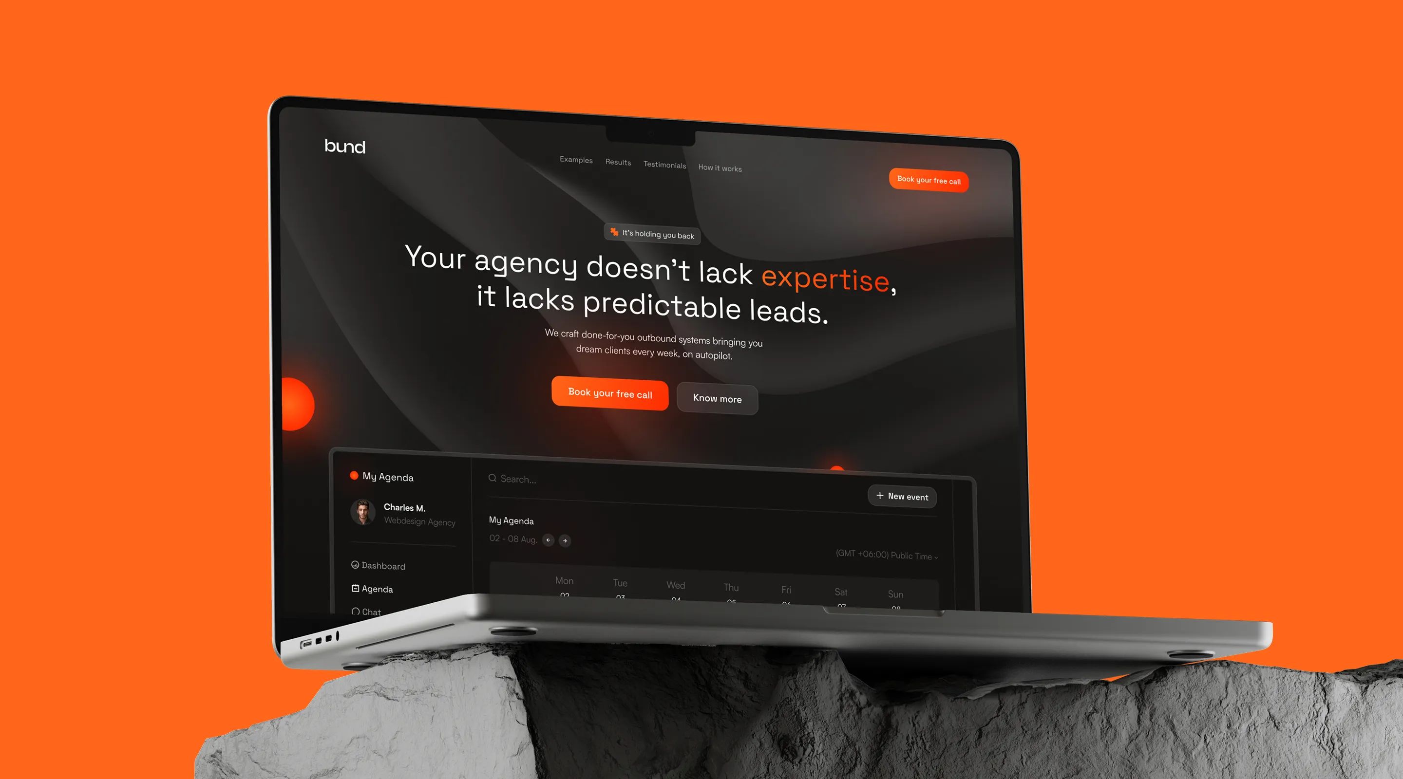 Bund's dark homepage on a laptop: “Your agency doesn't lack expertise” headline on an orange background