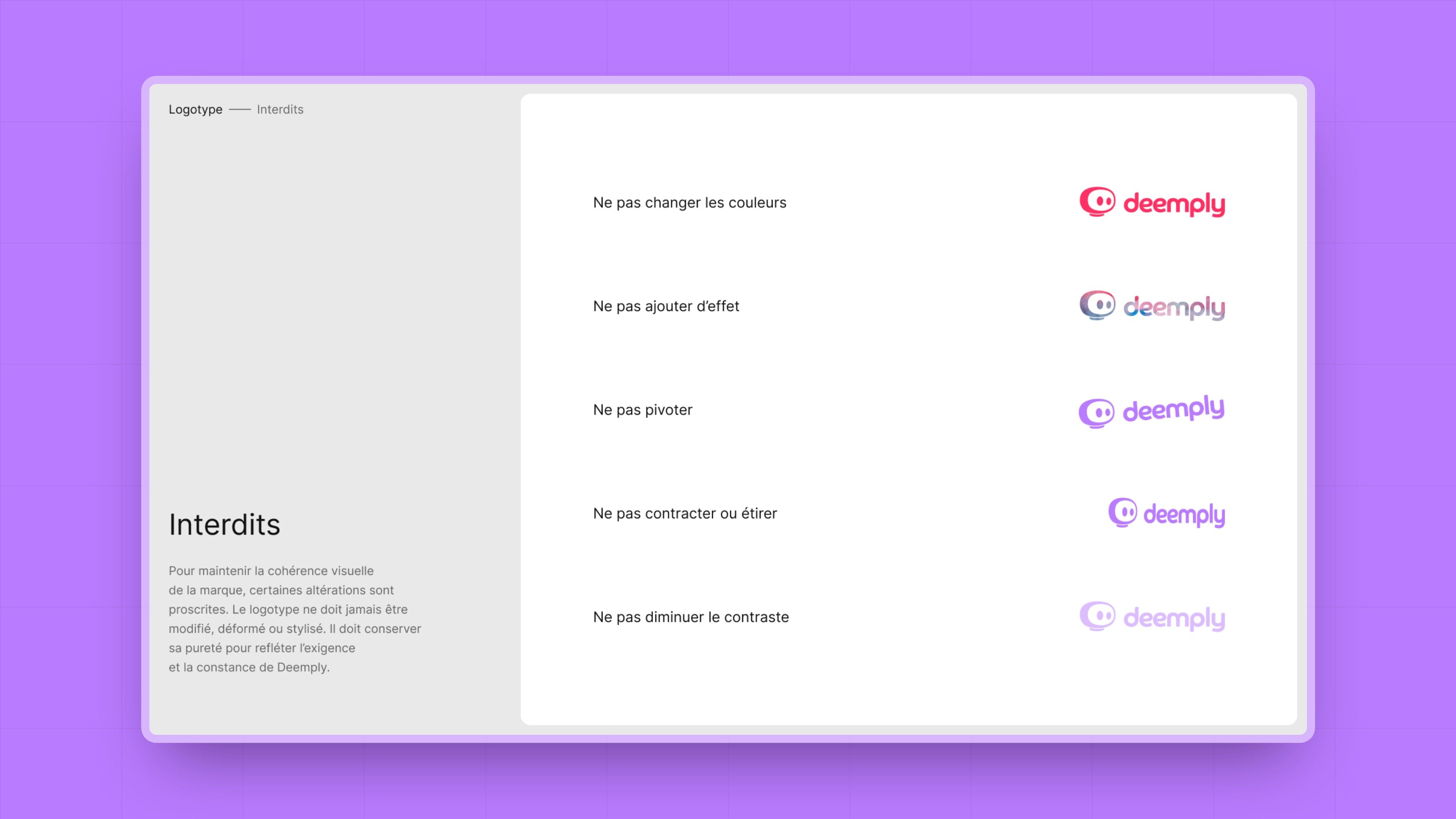 Brand book page: forbidden uses of the logo