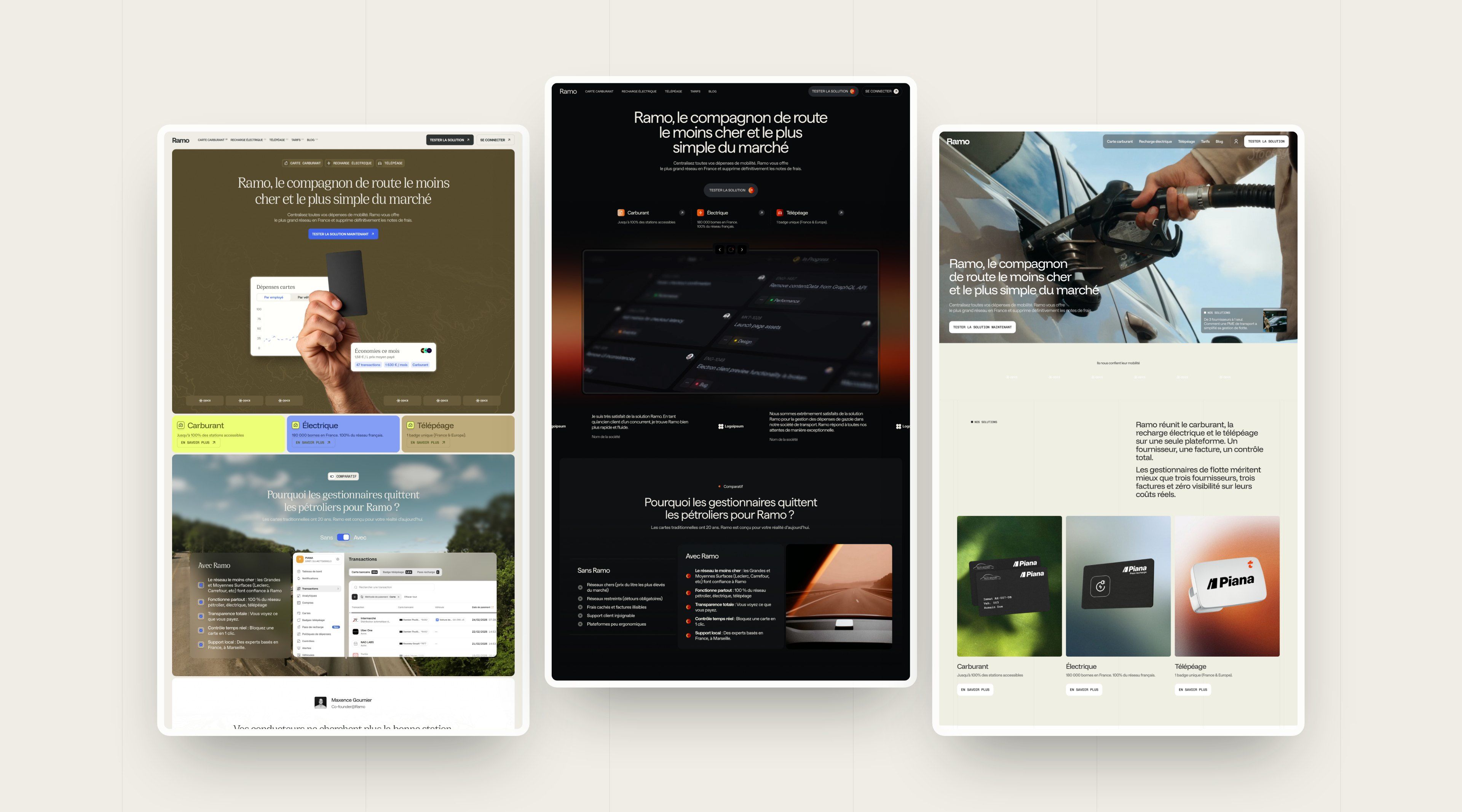 The three home page directions explored for Piana, side by side on a cream background
