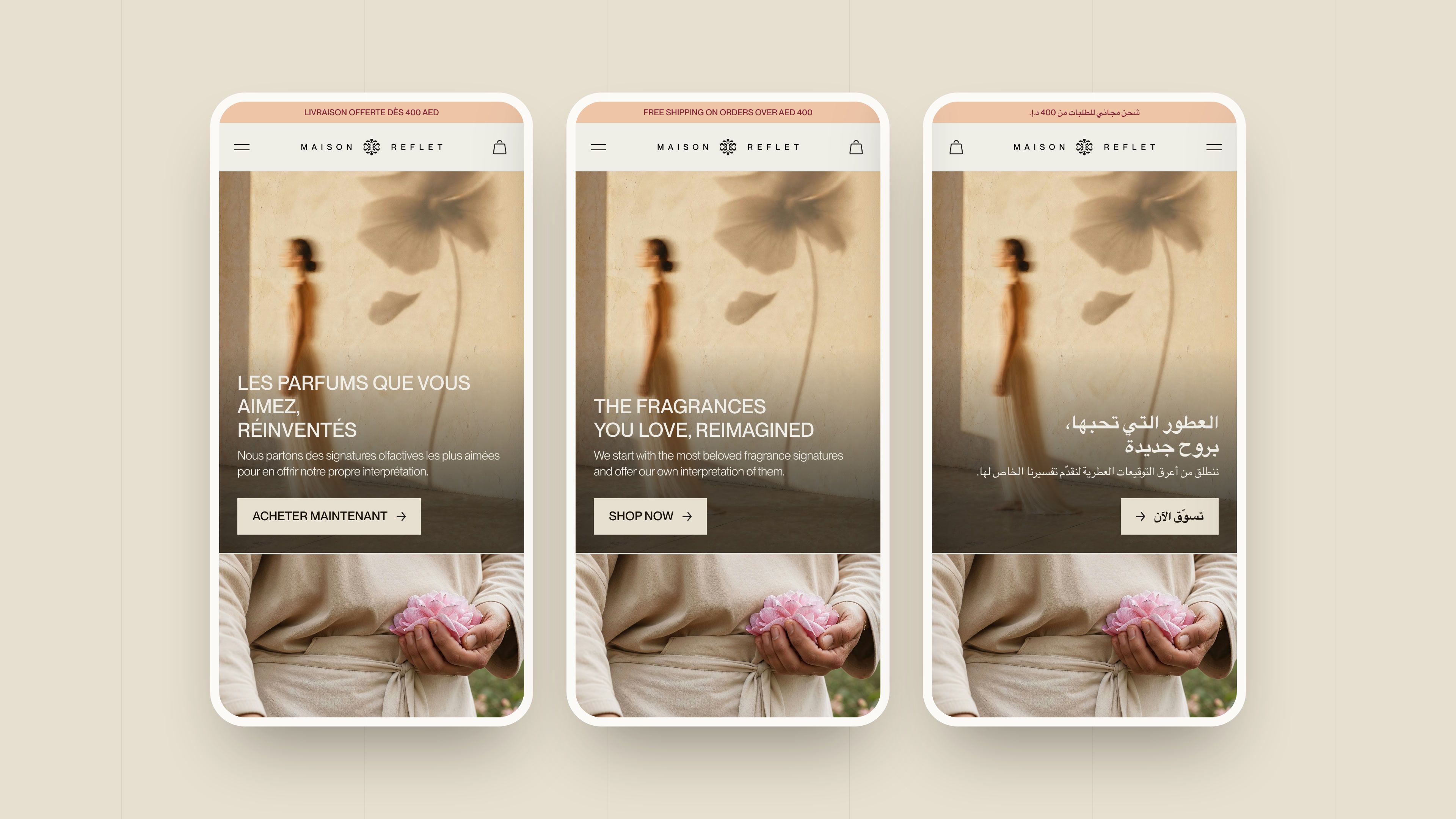 The Maison Reflet home page in French, English and Arabic, on mobile