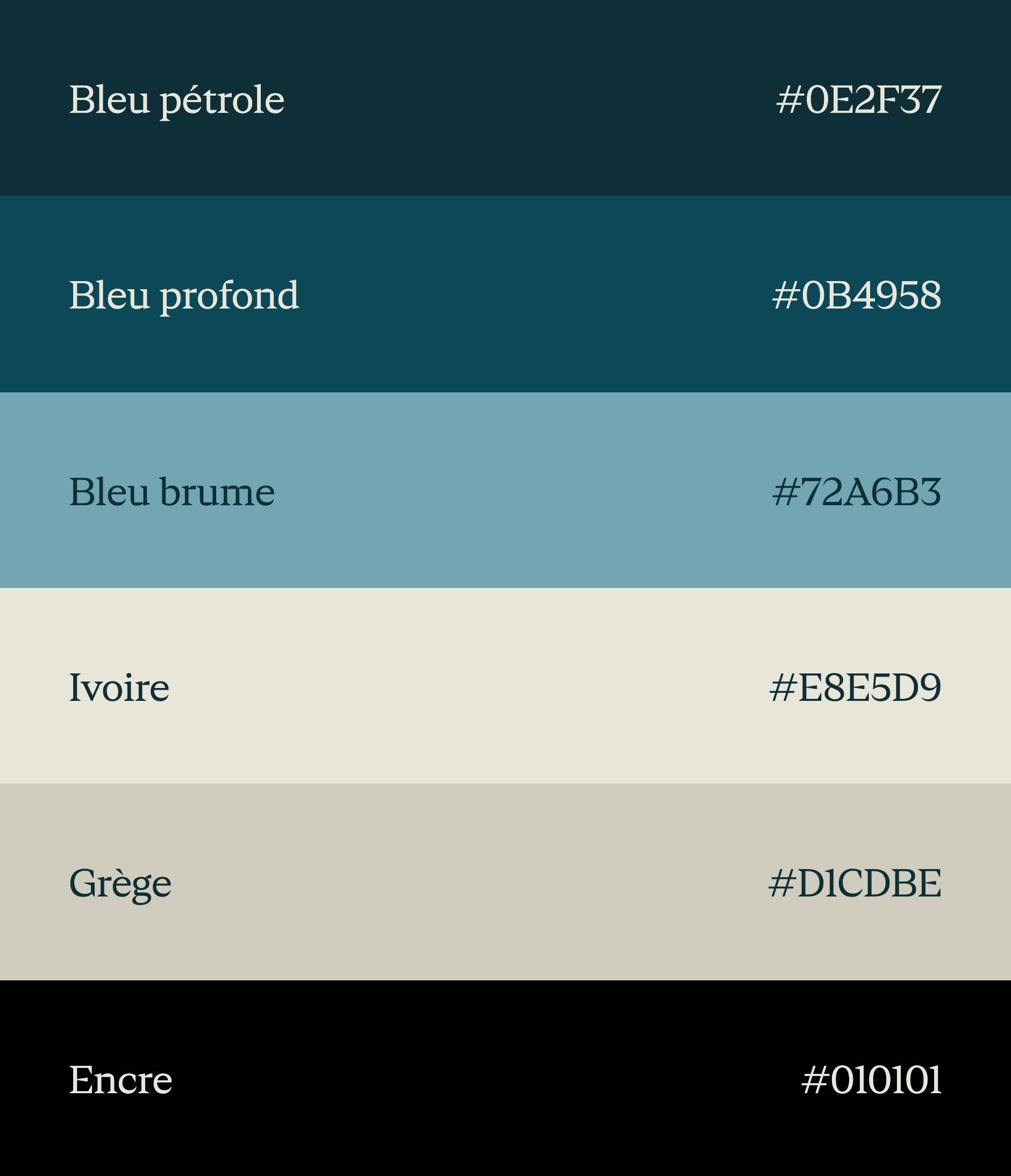 Sedra Capital palette: petrol blue, deep blue, mist blue, ivory, greige and ink