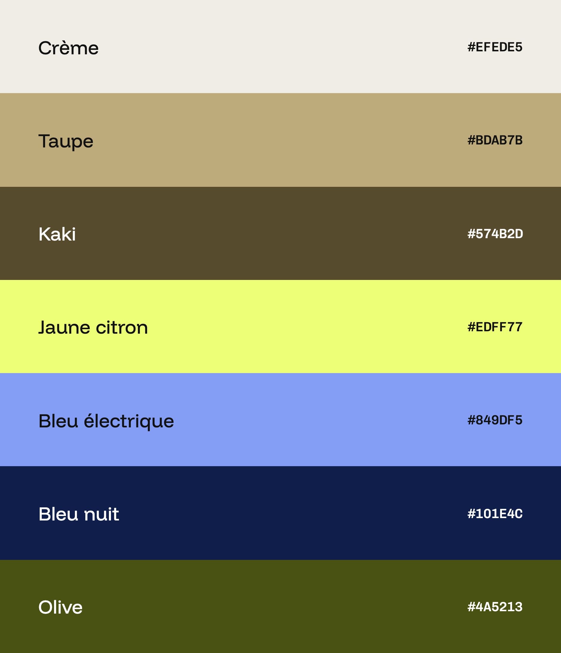 Piana palette: cream, taupe, khaki, lemon yellow, electric blue, midnight blue and olive