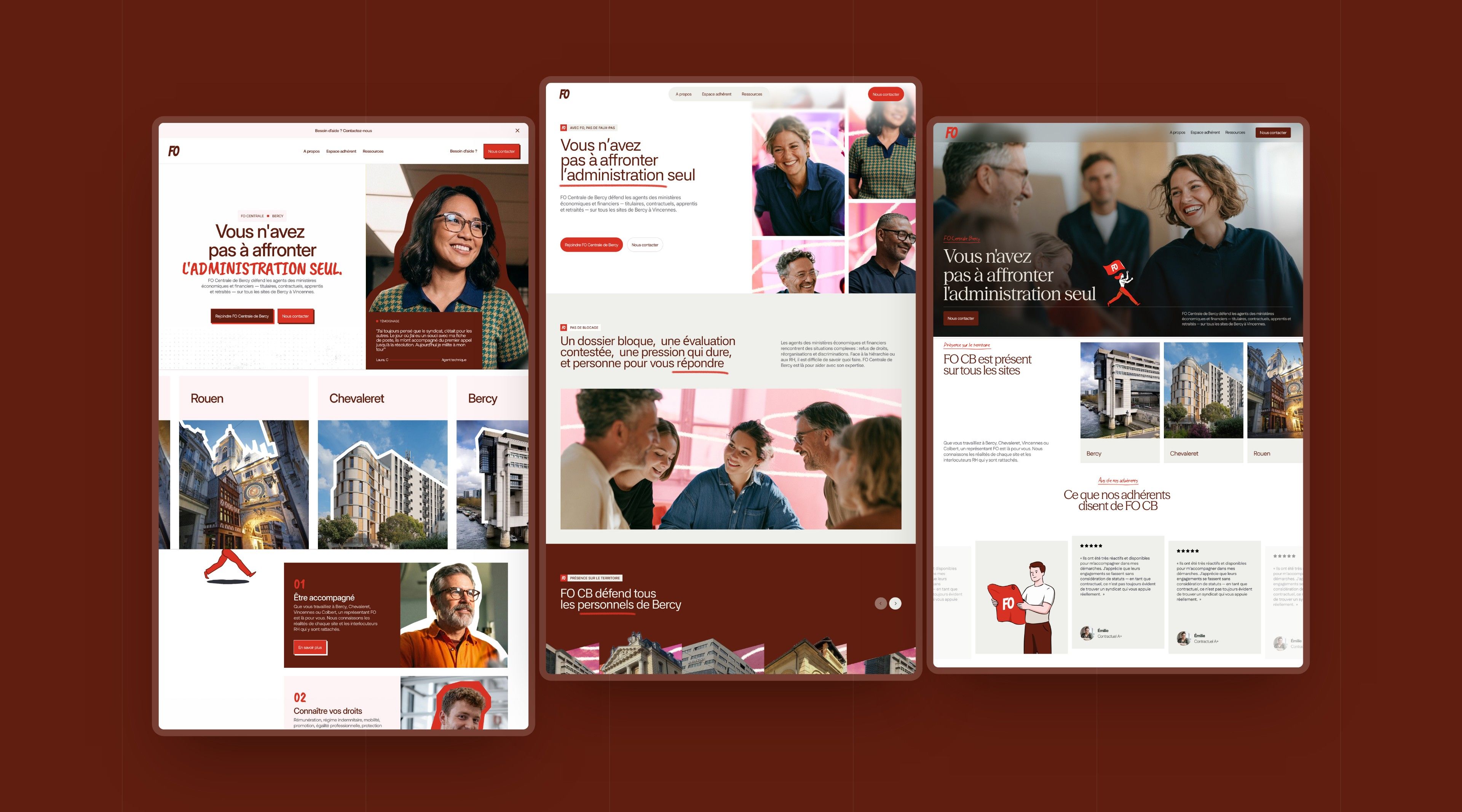 The three home page directions explored for FO Centrale Bercy, side by side on a burgundy background