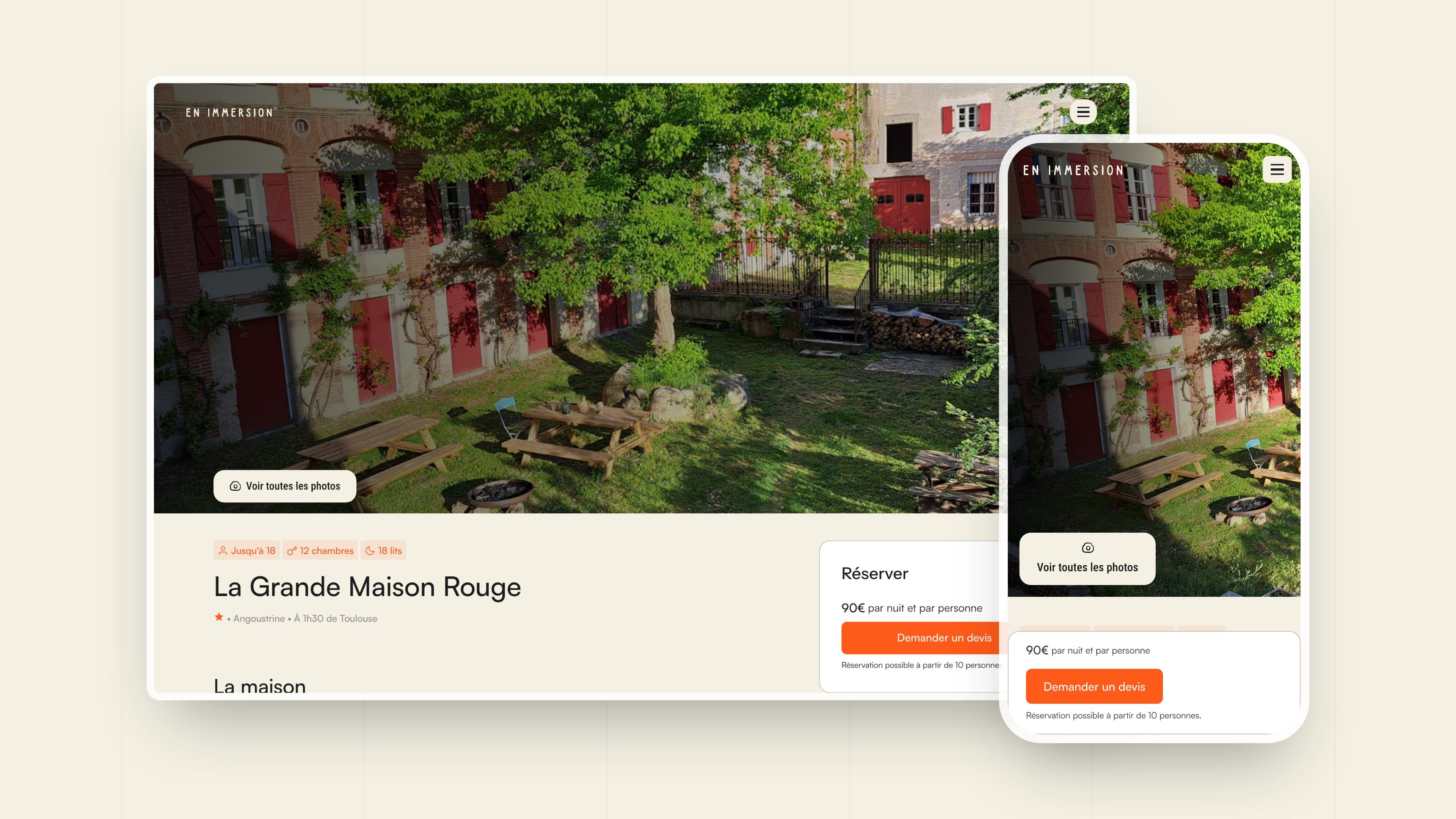 CMS page for the Grande Maison Rouge on desktop and mobile, with the Book card
