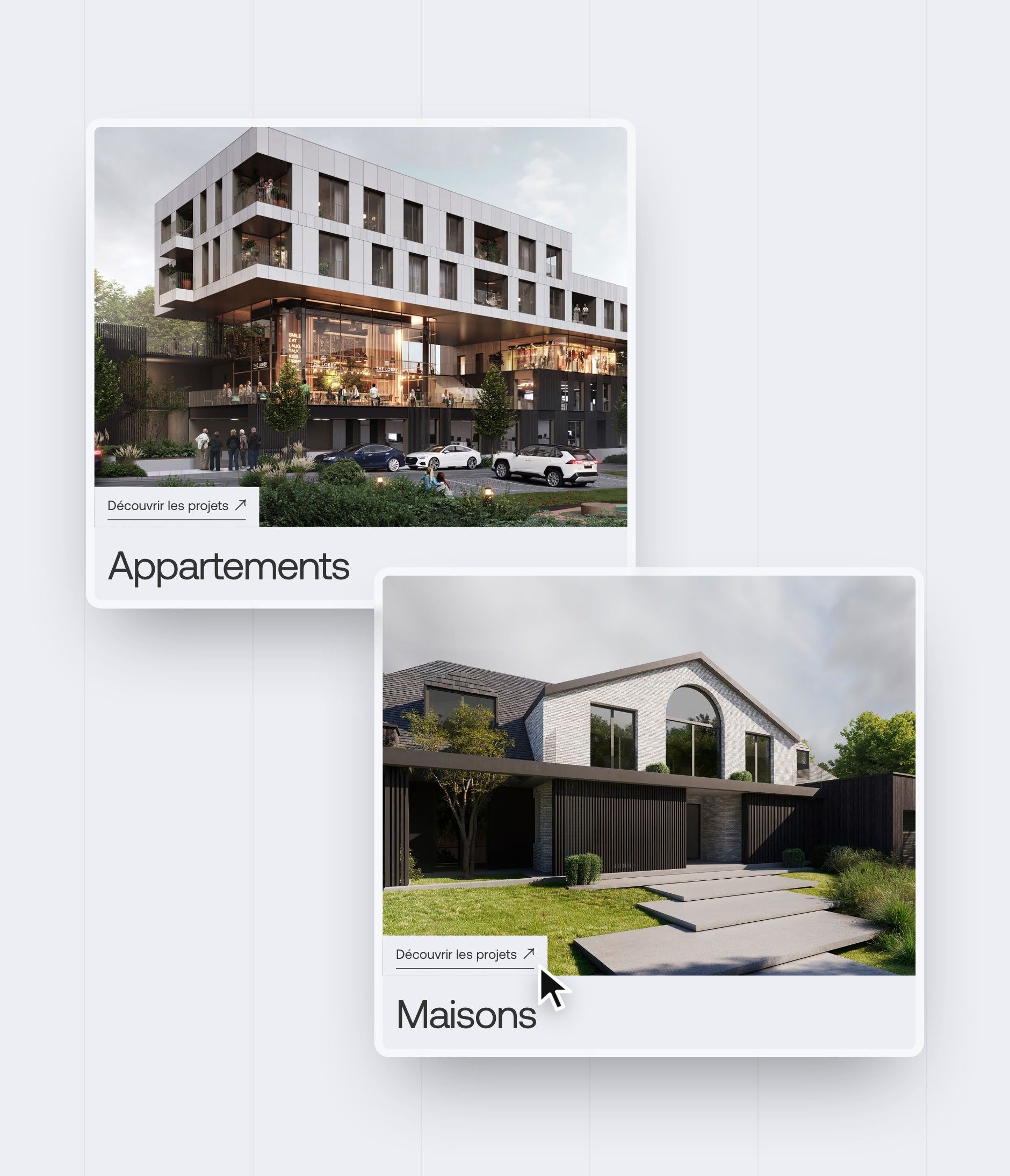 “Flats” and “Houses” cards on the home page, with the “Discover the projects” link