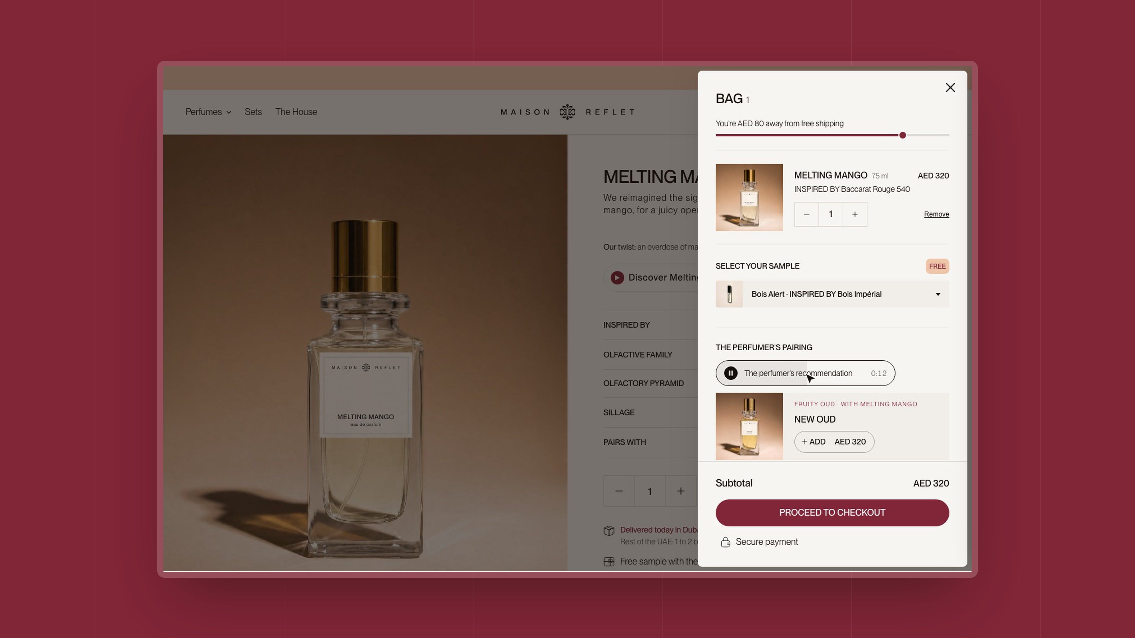 Adding to cart: the drawer opens, the perfumer's recommendation plays, the pairing is added in one click and shipping becomes free
