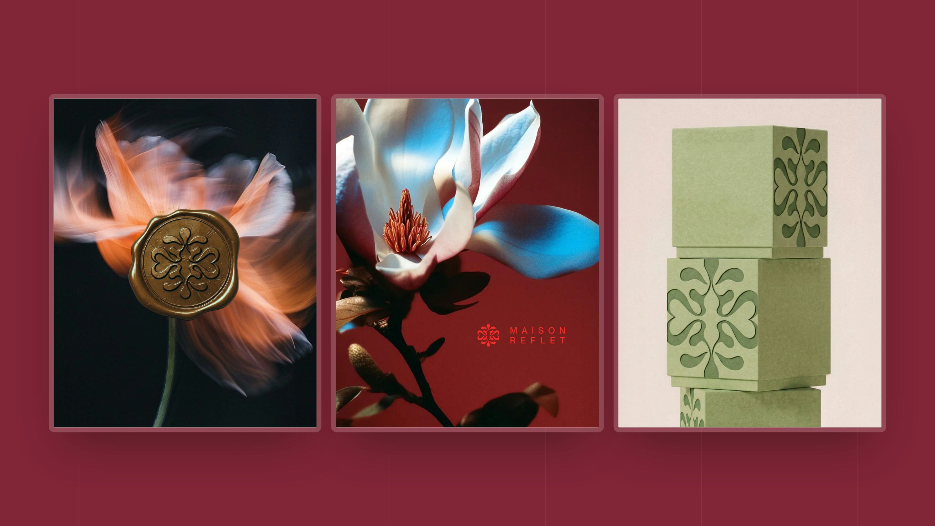 Brand boards: wax seal on a flower, magnolia on a burgundy background, boxes embossed with the symbol