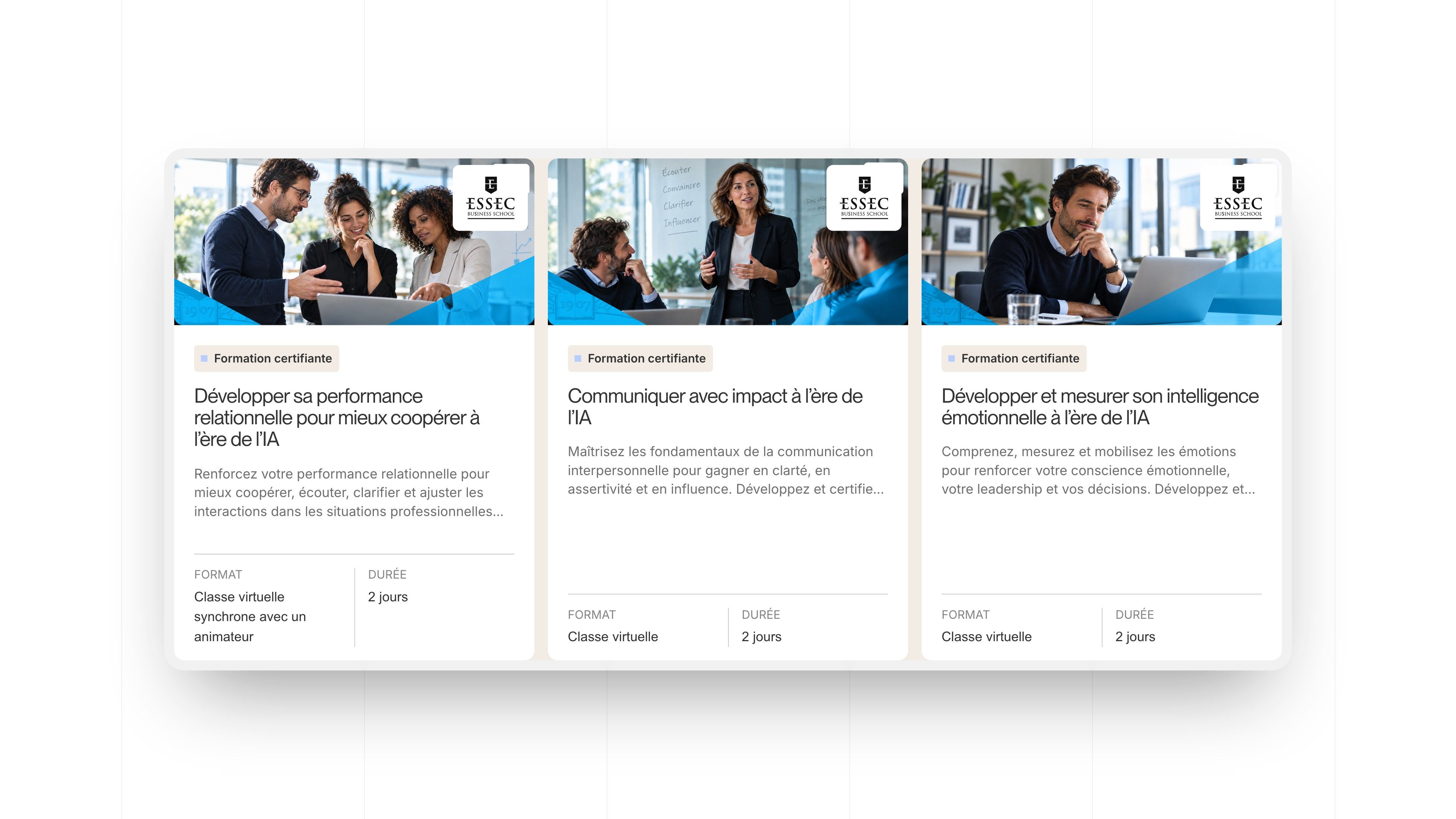 Cards of ESSEC certifying courses for the AI era, with format and duration