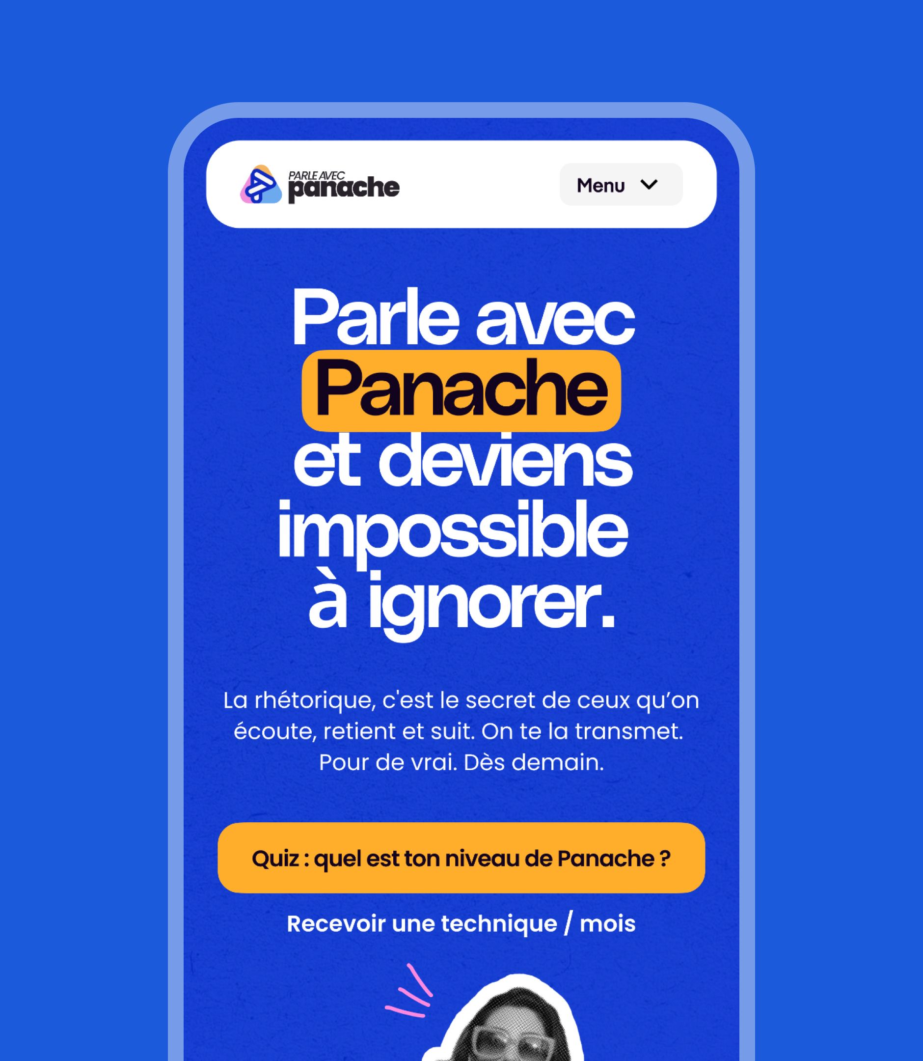 Écran mobile du site Panache : titre « Parle avec Panache et deviens impossible à ignorer » et bouton quiz