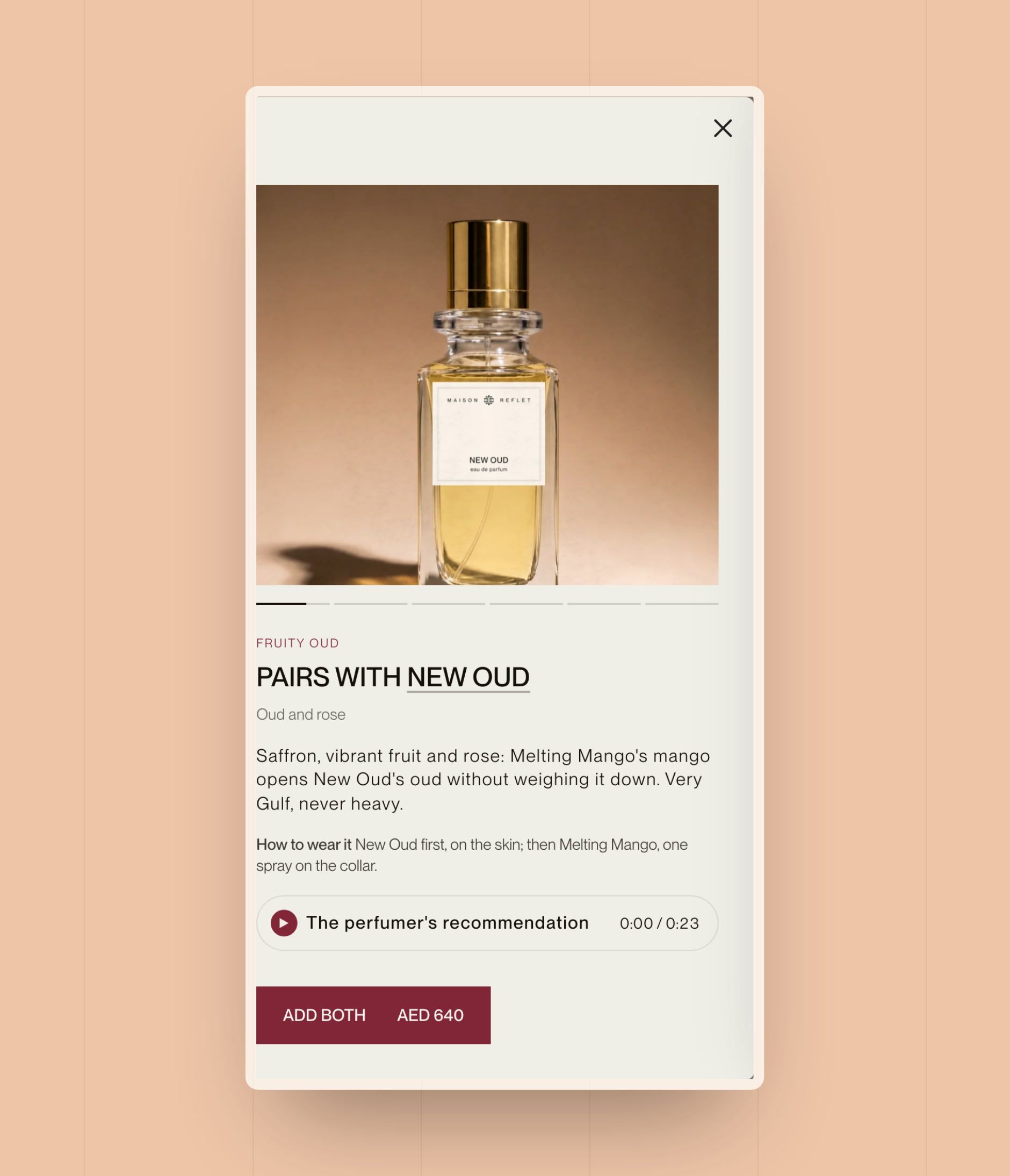 “Pairs with New Oud” panel: the pairing, how to wear it, the audio recommendation and “Add both”