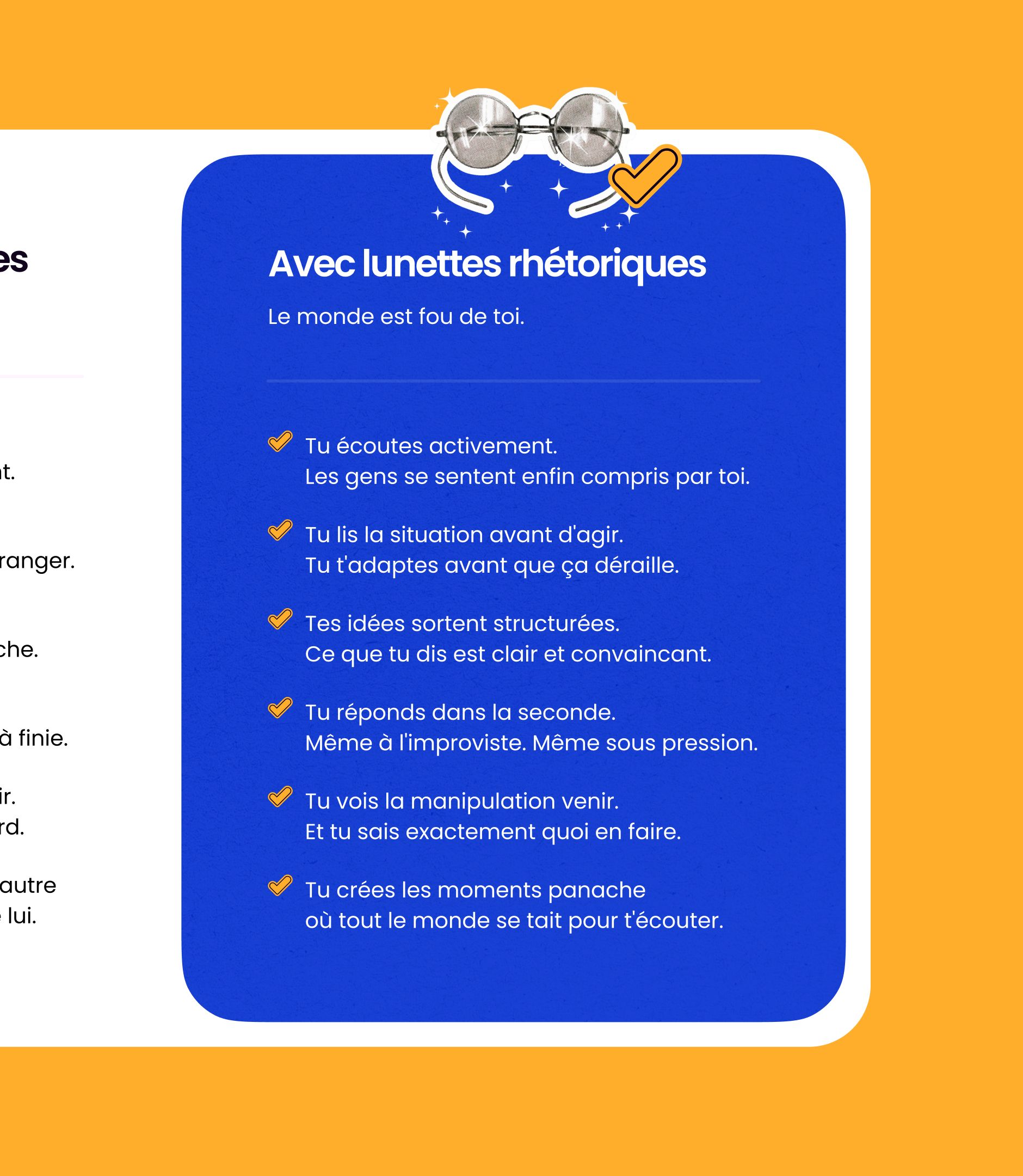 Carte bleue « Avec lunettes rhétoriques » du site Panache, liste de bénéfices cochés et lunettes illustrées
