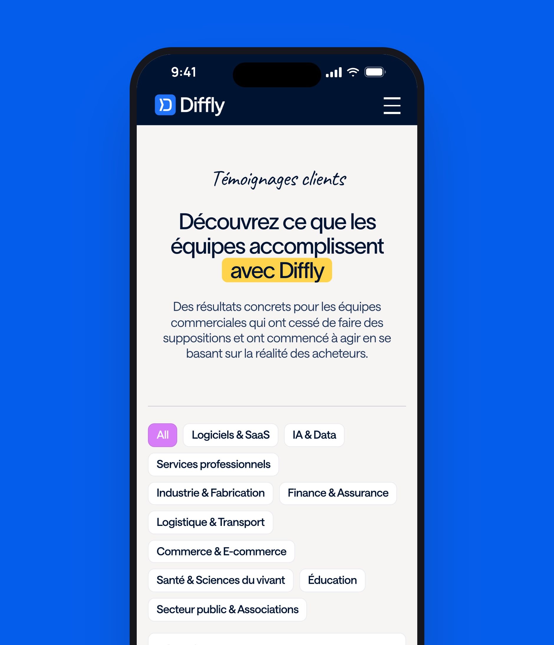 iPhone on a blue background, showing the Diffly mobile page “See what teams achieve with Diffly” and its industry filters