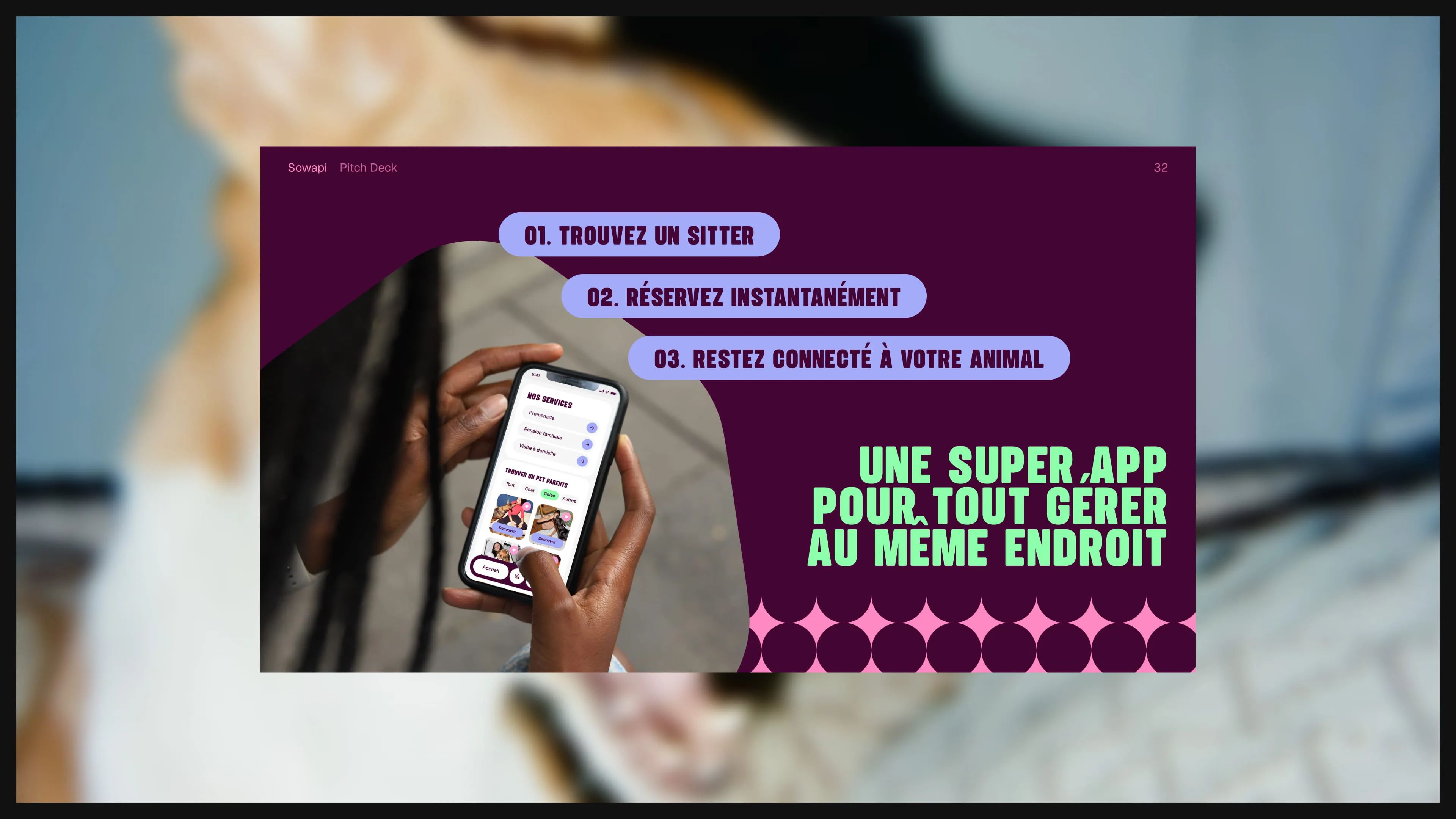 Sowapi pitch deck slide: hands holding the mobile app, headline “A super app to manage everything in one place”