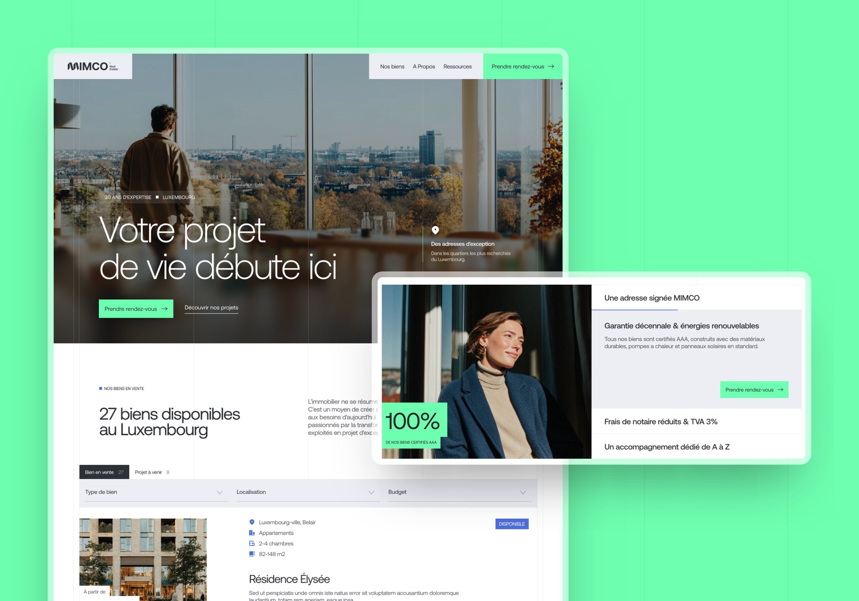 Concept 2: full-screen home page and the “100%” commitments block on a mint green background
