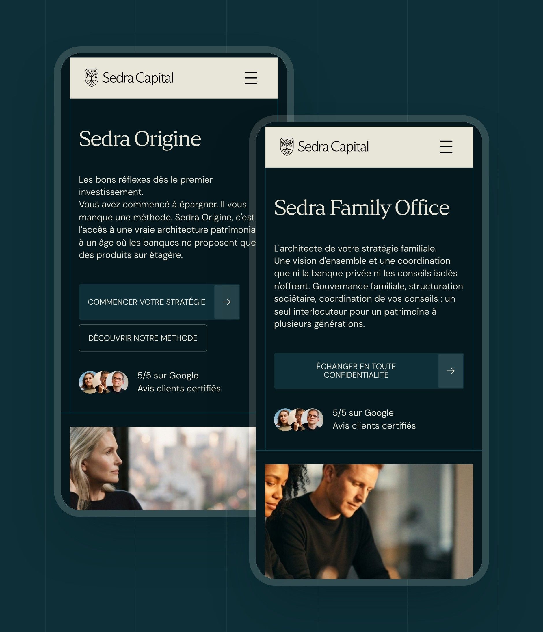 Sedra Origine and Sedra Family Office pages on mobile