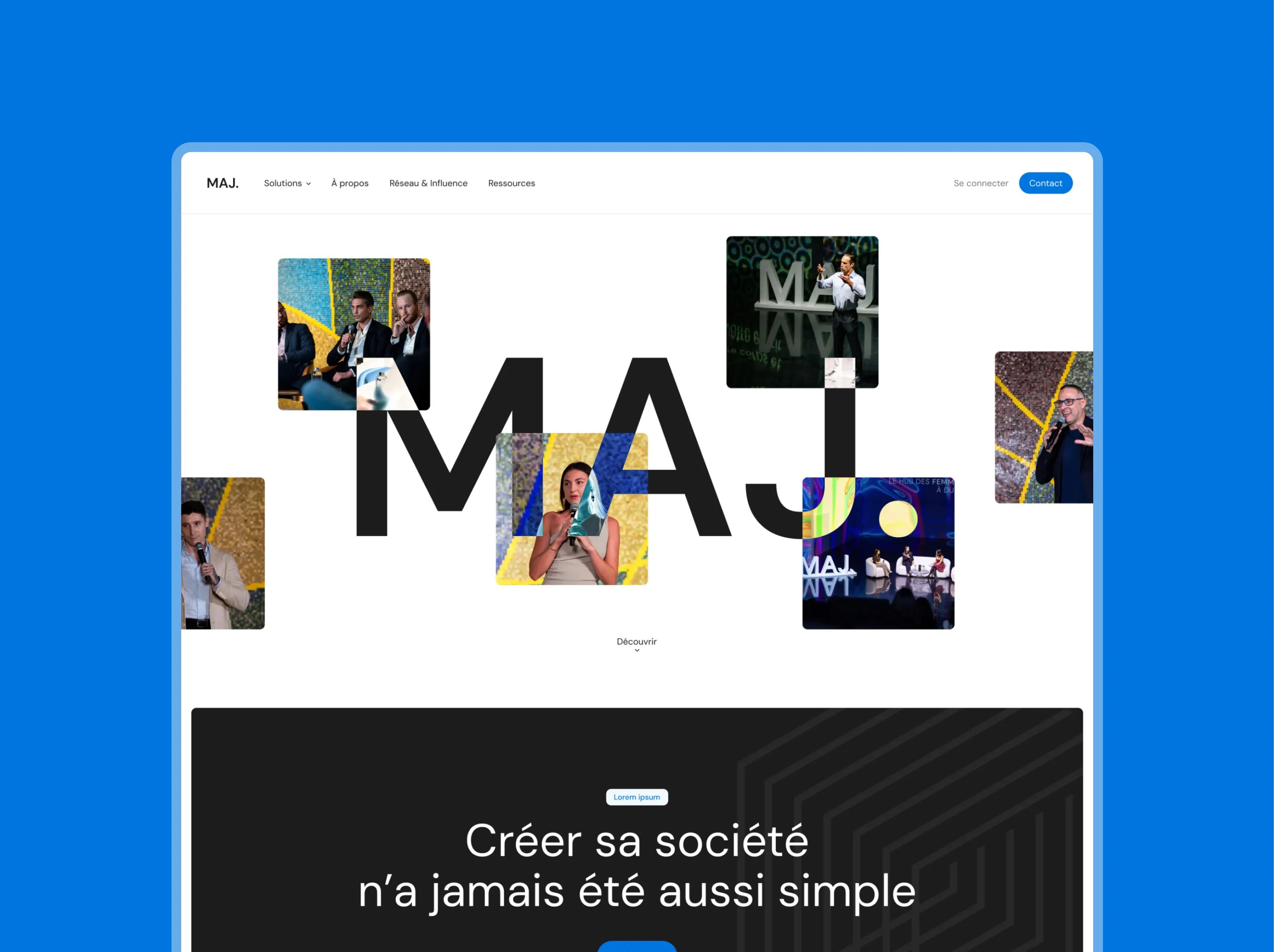 MAJ homepage: large logo surrounded by event photos, then "Créer sa société n'a jamais été aussi simple"