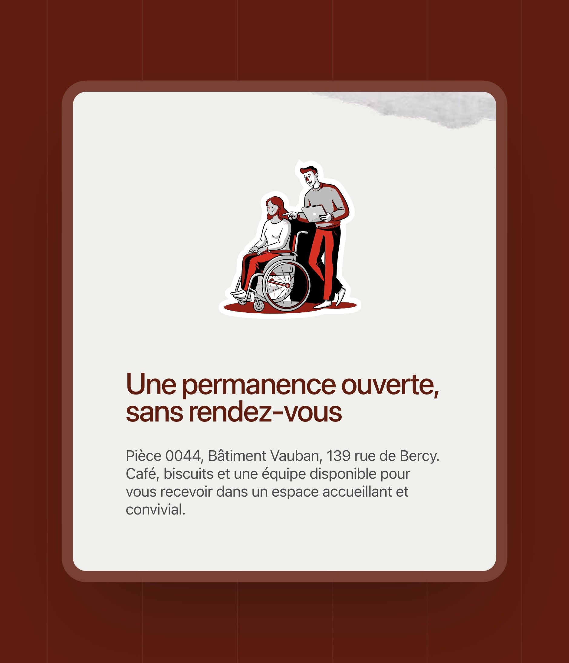 “Drop-in office hours, no appointment needed” card and its illustrated character