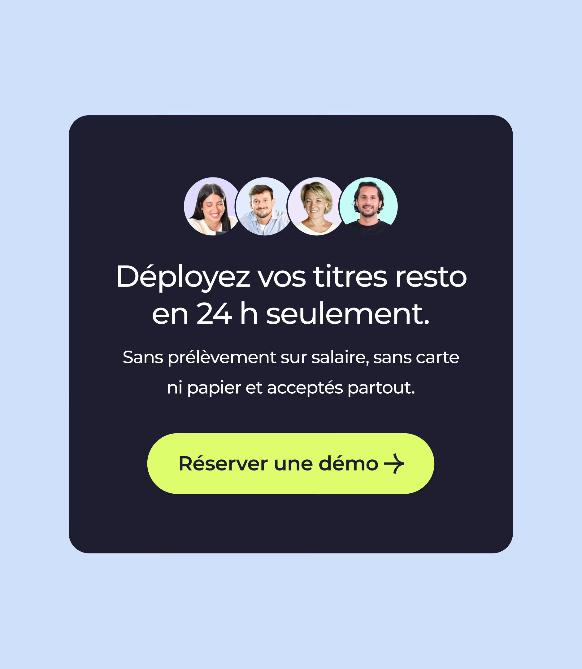 Bloc d’appel à l’action Openeat : « Déployez vos titres resto en 24 h seulement », 4 portraits, bouton Réserver une démo