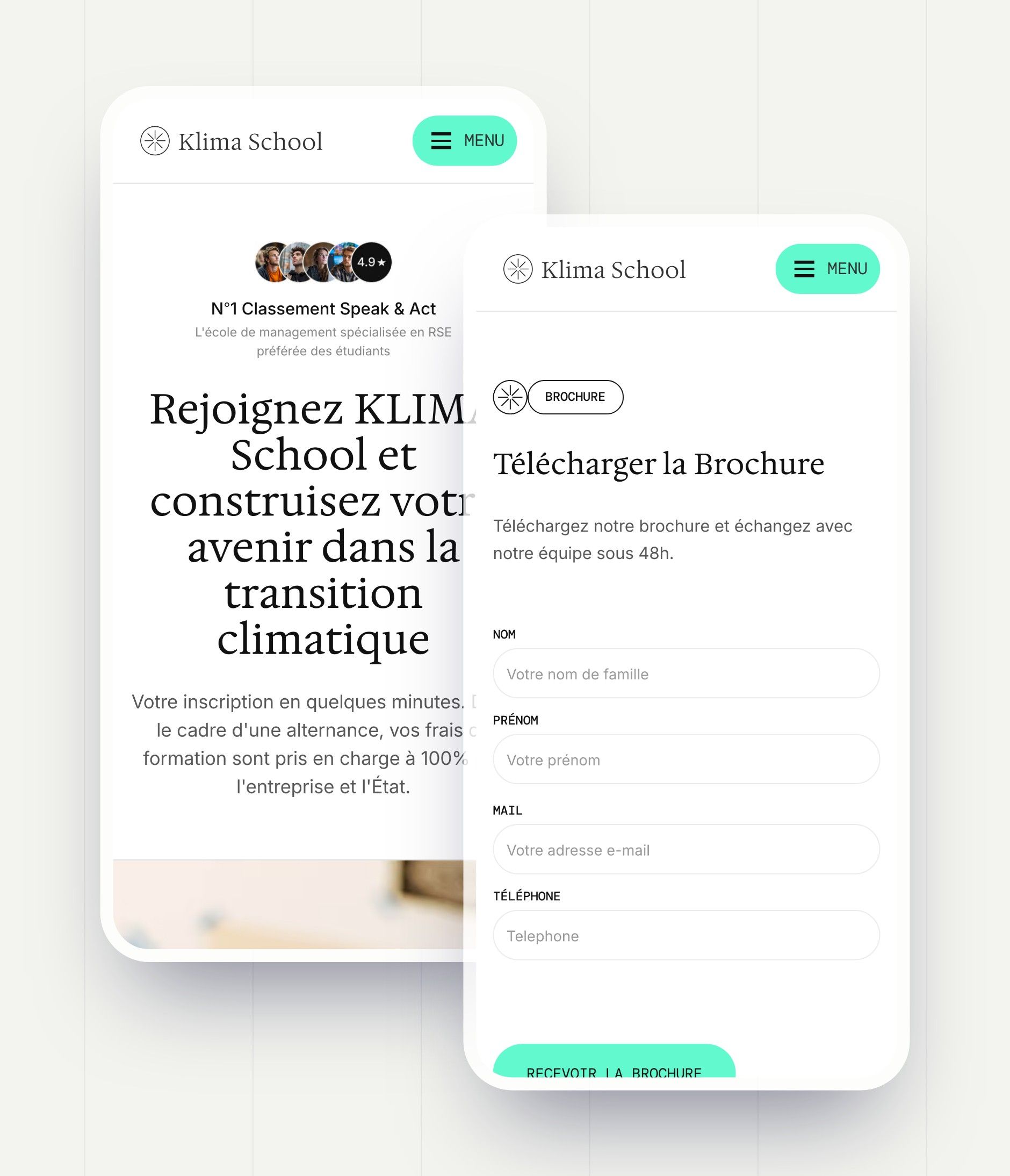 Registration and Brochure pages on mobile