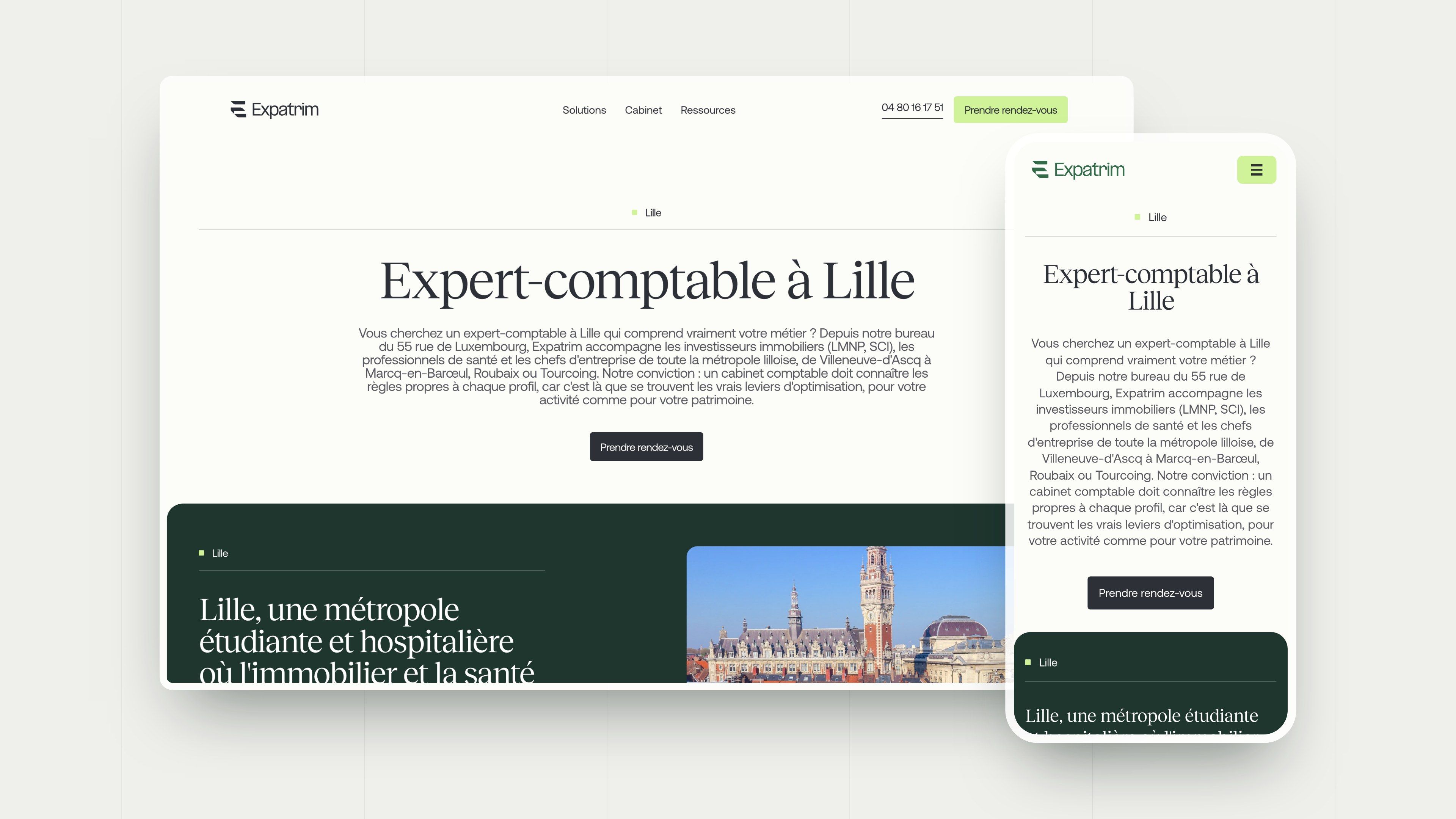 “Accountant in Lille” page on desktop and mobile, generated by the CMS