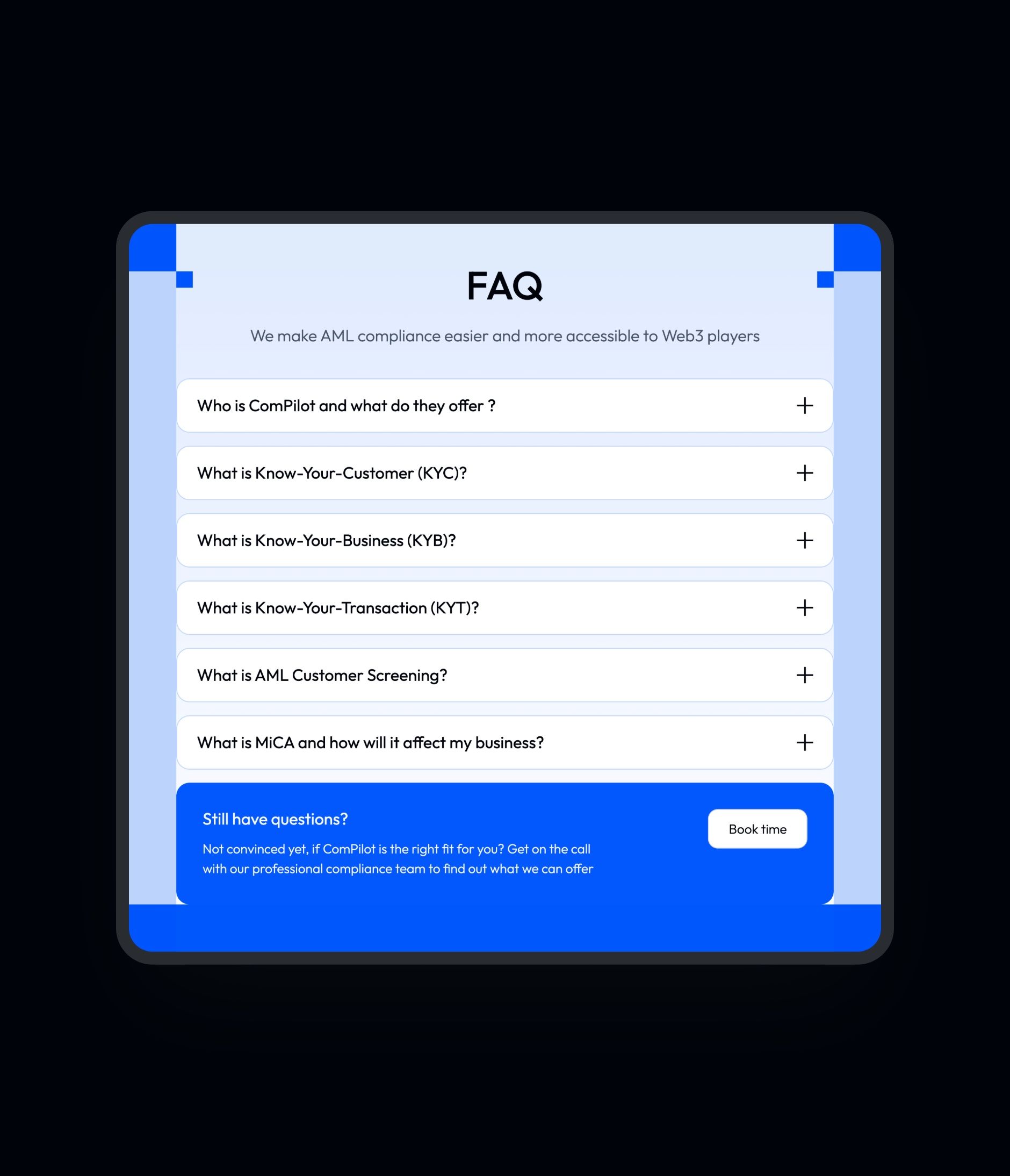 FAQ ComPilot (KYC, KYB, KYT, MiCA) et encart de prise de rendez-vous, sur fond encre