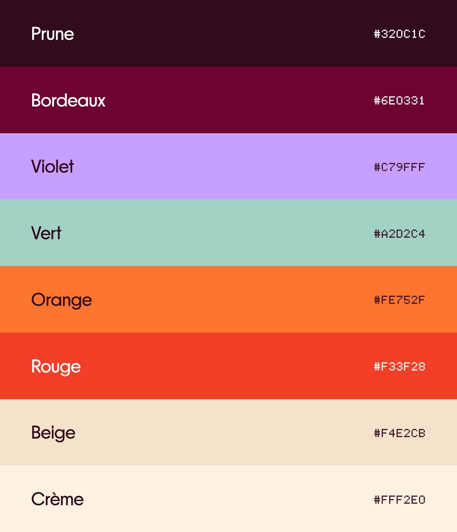 Unow palette: plum, burgundy, violet, green, orange, red, beige and cream