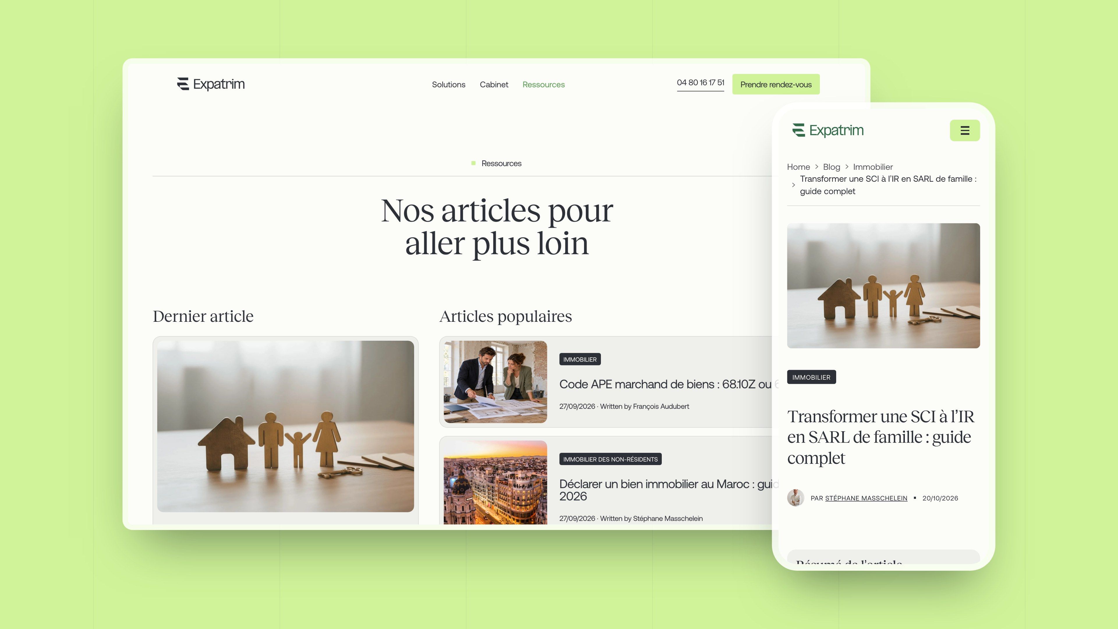 “Our articles to go further” page on desktop and the family SARL article on mobile