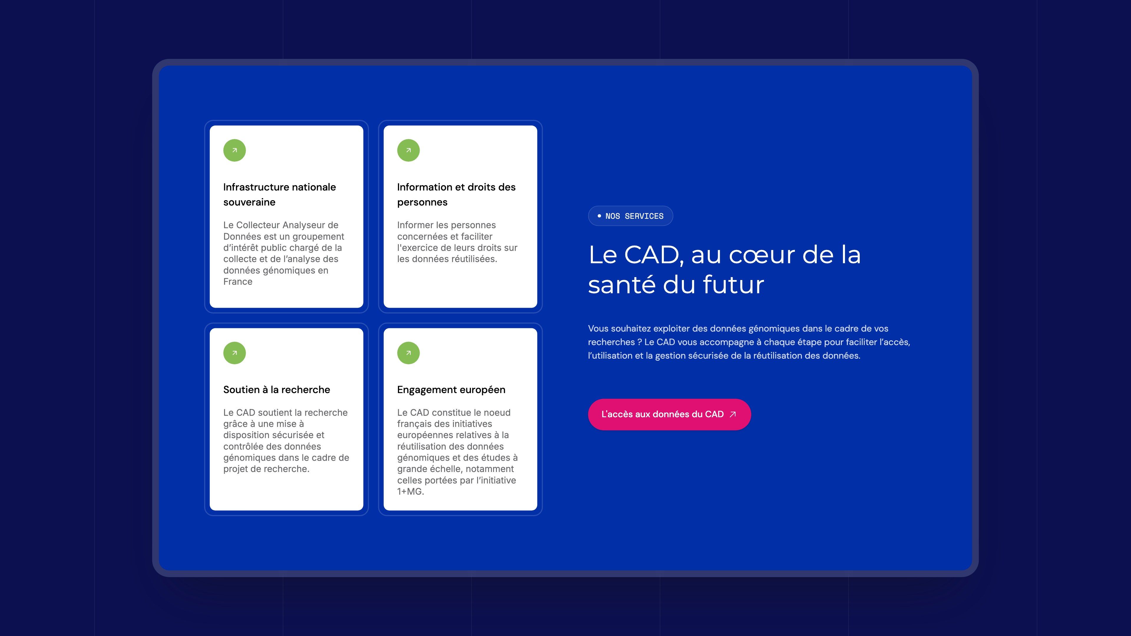 “The CAD, at the heart of the health of the future” section: the four services on a blue background