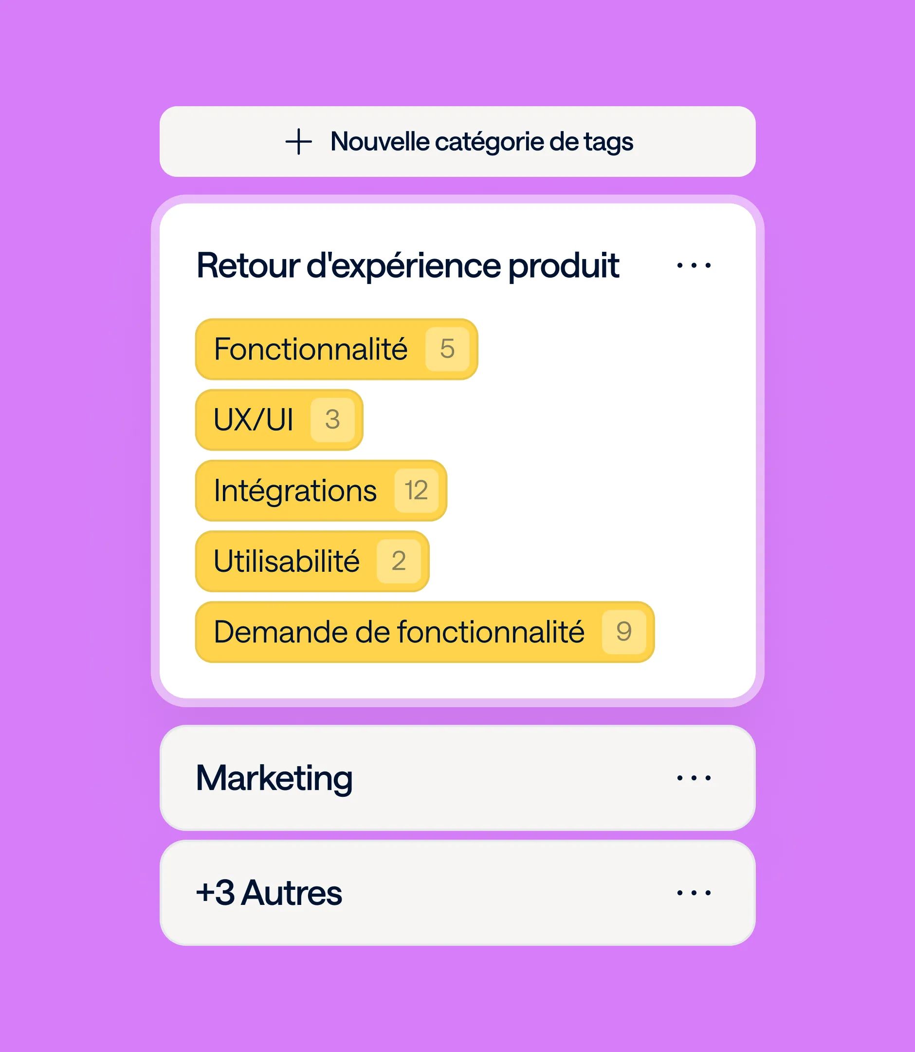 Diffly tag categories UI: "Product feedback" category with yellow tags and counts, on a purple background