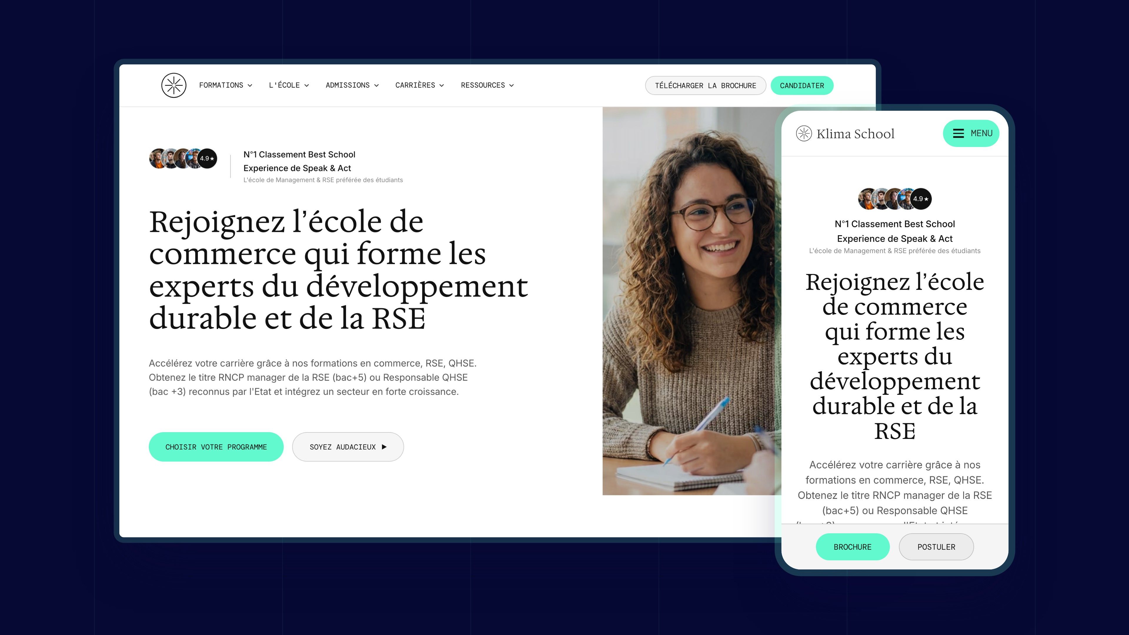 Klima School home page on desktop and mobile, on a midnight blue background